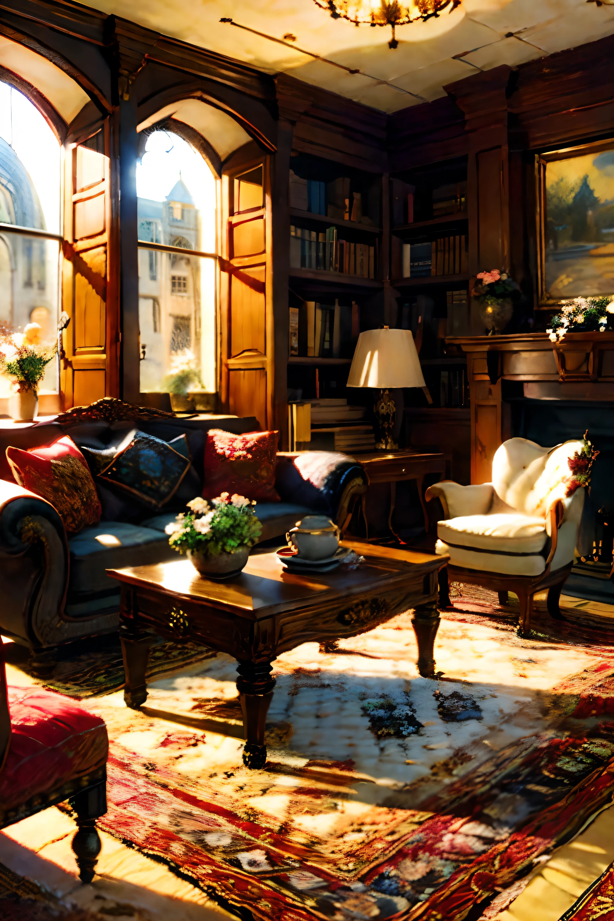 Beautiful interior of a rich living room, medieval style, Sofa, coffee table, Flowers in pots, carpet, Flowers, big windows