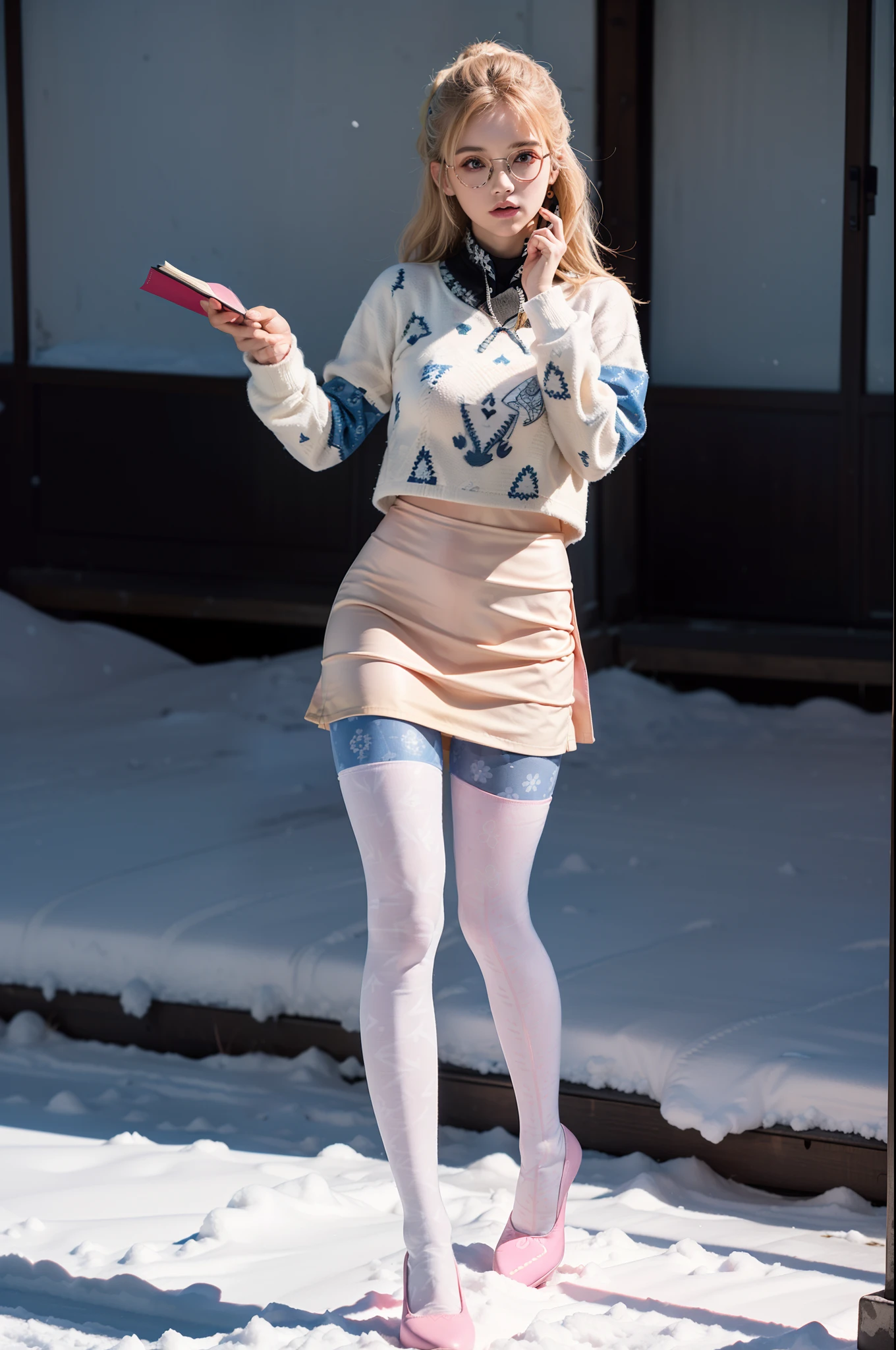 (full body:1.5),(((1girl)):1.3),(view the viewer:1.4),((anatomy correct):1.45),(((Dancing on Snowy Mountains))):1.3),(she wears large glasses and Holding book in her hand:1.2),(shy:1.15),((cow's set):1.2),(((((((Patterned)))))) ,((pink pantyhose)):1.3),(((tattoo)):1.3),( Uniform high heels leather shoes with bows for female students:1.1),(Accurate and perfect face:1.3),((red-eyed blonde):1.2),hyper HD, Ray traching, reflective light, structurally correct, Award-Awarded, high detail, lighten shade contrast, Face lighting ,cinematic lighting, masterpiece, super detailing, high quality, high detail, best quality, 16k,High contrast,
