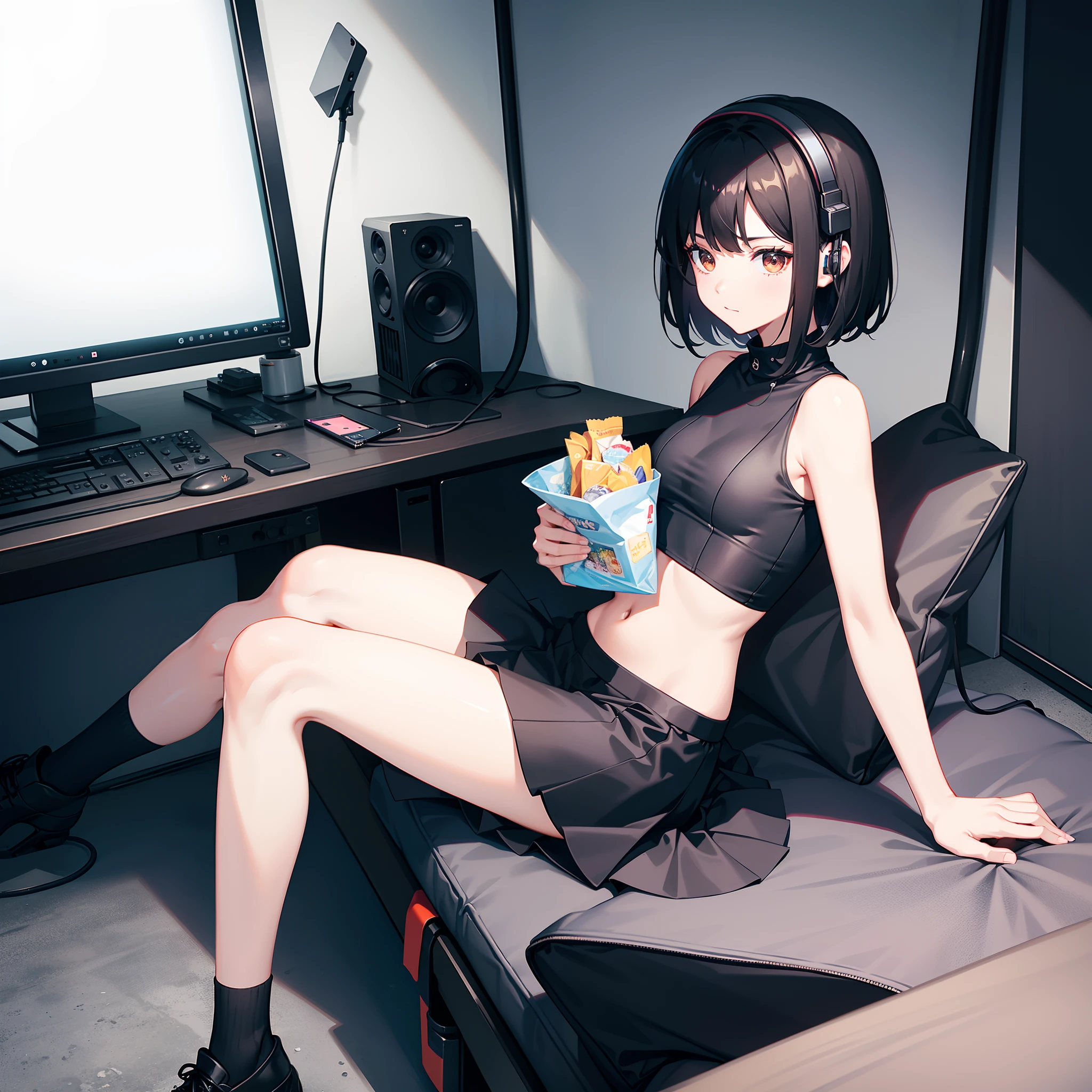 A short black haircut,with brown eye,Wears black short sleeves,Girl in short skirt,Sit in the ministry,Listen to music with headphones,Eating small snacks,Enjoyed it a lot