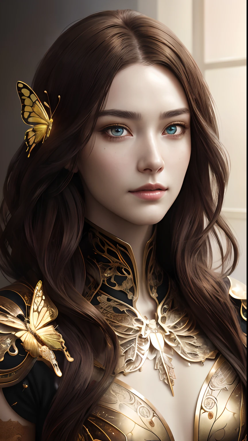8k portrait of beautiful cyborg with brown hair, intricate, elegant, highly detailed, majestic, digital photography, art by artgerm and ruan jia and greg rutkowski surreal painting gold butterfly filigree, broken glass, (masterpiece, sidelighting, finely detailed beautiful eyes: 1.2), hdr, (detailed background window to a new dimension, plants and flowers:0.7) infinity, infinite symbol,
