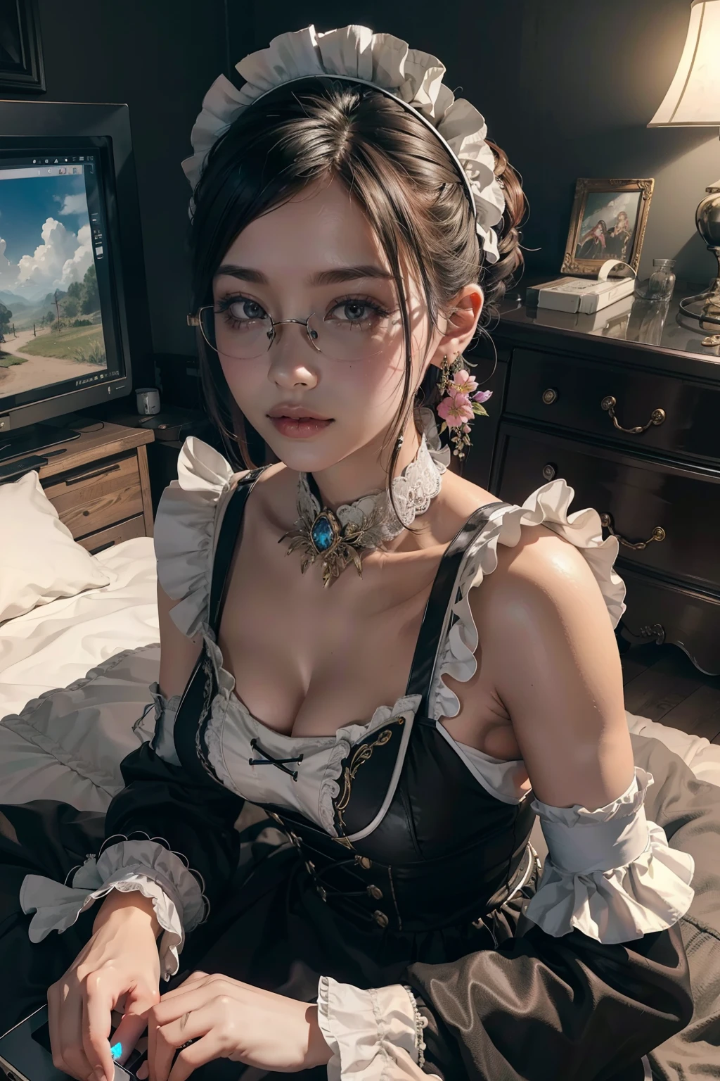 A fusion of rural fantasy and modern technology, Highly detailed, art  stations, Colorful, interesting background，the maid outfit，Flame it up，a matural female，rimless eyewears，Lie down in bed