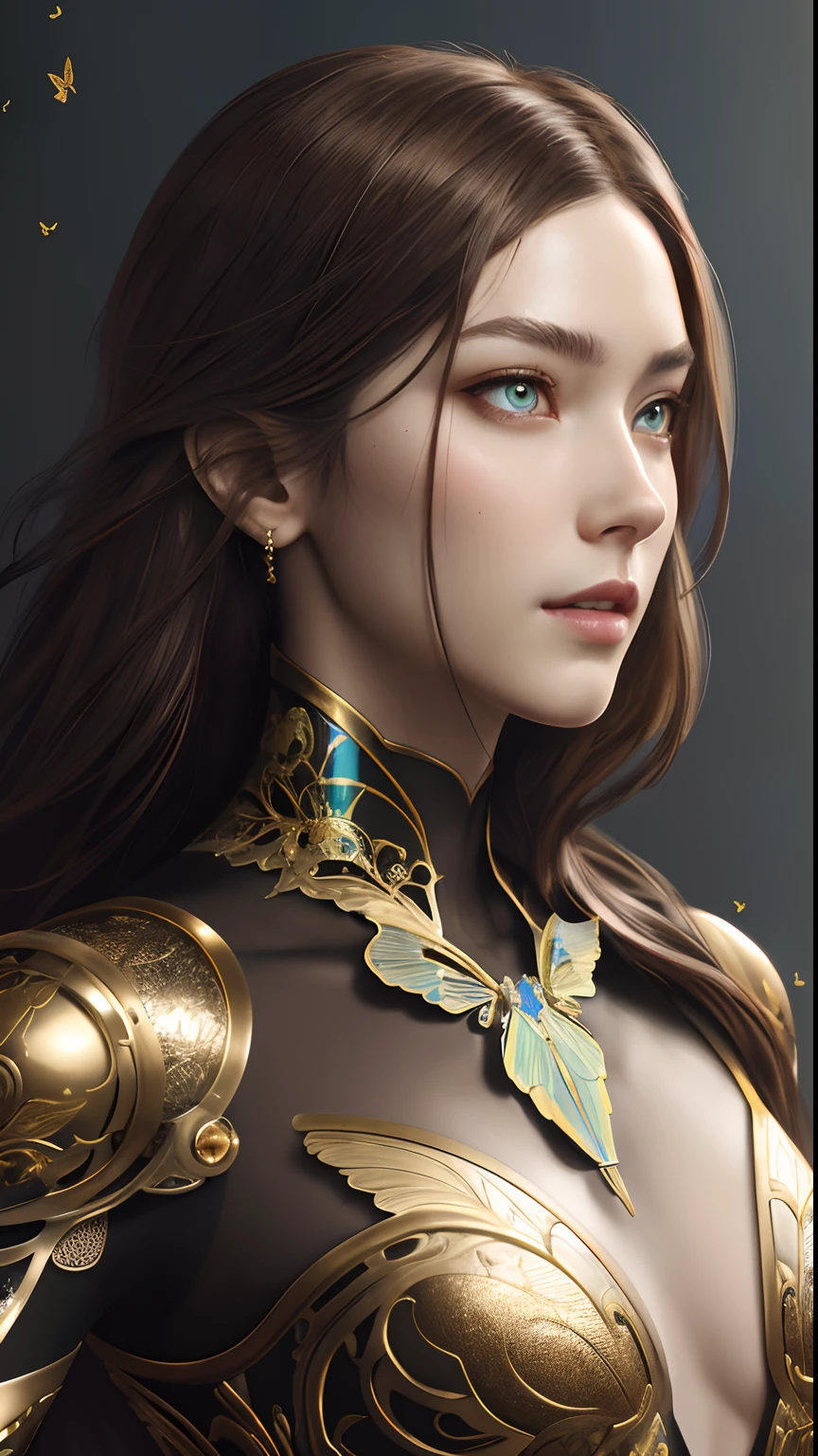 8k portrait of beautiful cyborg with brown hair, intricate, elegant, highly detailed, majestic, digital photography, art by artgerm and ruan jia and greg rutkowski surreal painting gold butterfly filigree, broken glass, (masterpiece, sidelighting, finely detailed beautiful eyes: 1.2), hdr,