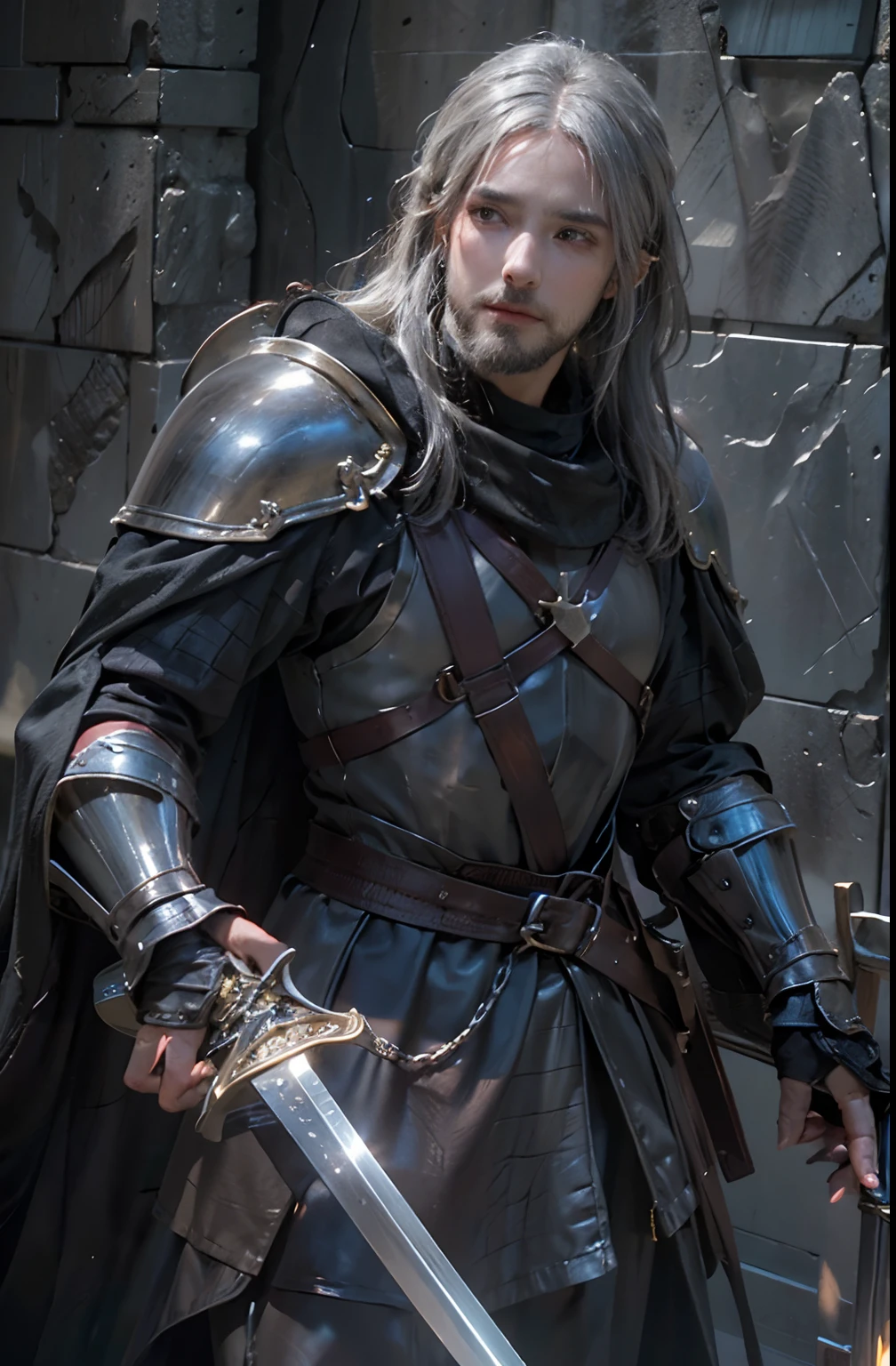 photorealistic, top quality, masterpiece, cinematic composition, slow motion, (medium shot of a medieval knight, sombre and weathered face, beard, grey hair:1.2), chain mail and plate armour, (realistic and detailed|intricate armour:1.1), (visible face:1.3), (photorealistic physiognomy|eyes|iris|skin|musculature, detailed skin, skin texture, natural skin), (holding a sword in his hand:1. 2), frontal perspective, imposing and determined pose, looking forward with determination, skin imperfections, natural skin wrinkles, natural skin spots, highly detailed clothes, abundant details, intricate details, realistic wrinkles in clothing, medieval fantasy landscape, cloudy sky, castle in the background in the distance, radiant lighting, deep shadows, dramatic scene, dark and cool colour palette, blue and grey tones, No other characters in the scene, abundant detail|intricate, detailed landscape, volumetric lighting, (detailed lighting), (detailed light reflections on armour:1. 1), 8k, highly detailed, UHD, HDR, photorealistic facial expression|hairstyle