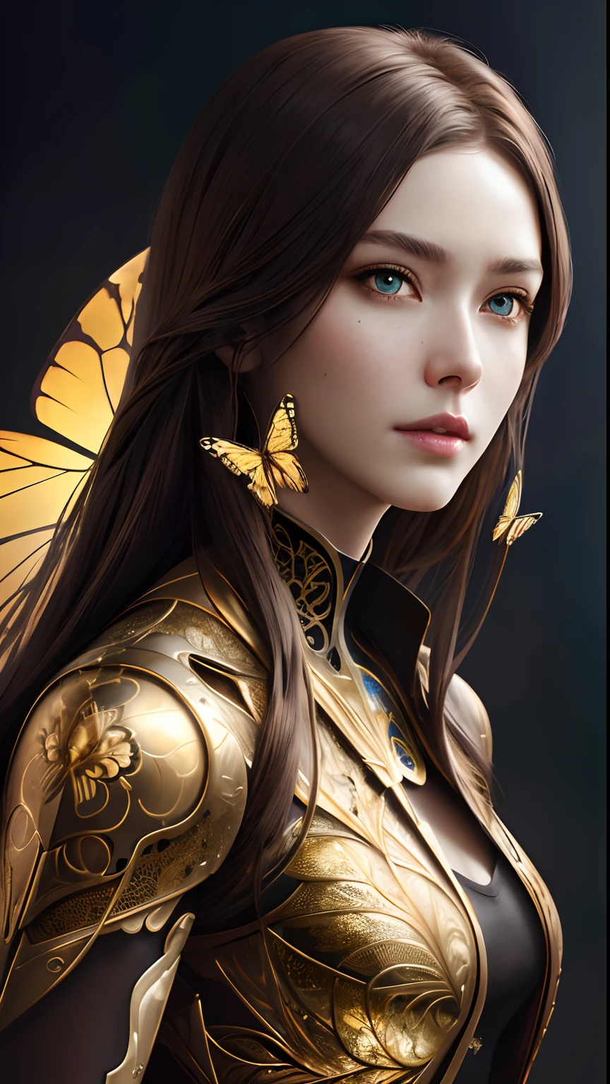 8k portrait of beautiful cyborg with brown hair, intricate, elegant, highly detailed, majestic, digital photography, art by artgerm and ruan jia and greg rutkowski surreal painting gold butterfly filigree, broken glass, (masterpiece, sidelighting, finely detailed beautiful eyes: 1.2), hdr,