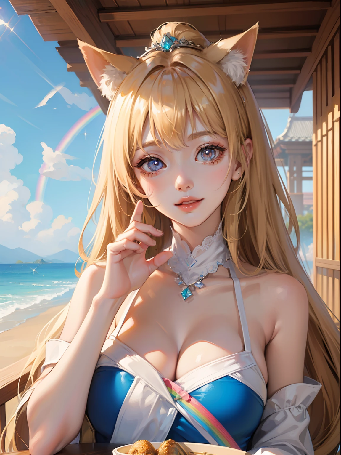 masutepiece, High resolution, 8K, anime woman, Delicate and detailed writing 、Detailed digital illustration、Very long hair and shiny、a very beautiful woman、Eyes are double, Large, Slender eyes、Bust is D cup、High image quality, High quality、Detailed background、I'm wearing a hair ornament.、Glittering background、The inside of the eye shines like a diamond、4 fingers, 1 thumb、Detailed female face、Smile、Very beautiful and cute woman、a blond、Fox ears、Rainbow on background、细致背景、masterpiece、Soft Focus , Bright gradient watercolor , Lens Flare , Glitter , Glow , Dreamy , Very clear and beautiful morning sky background、Swimsuit、Pass mayonnaise