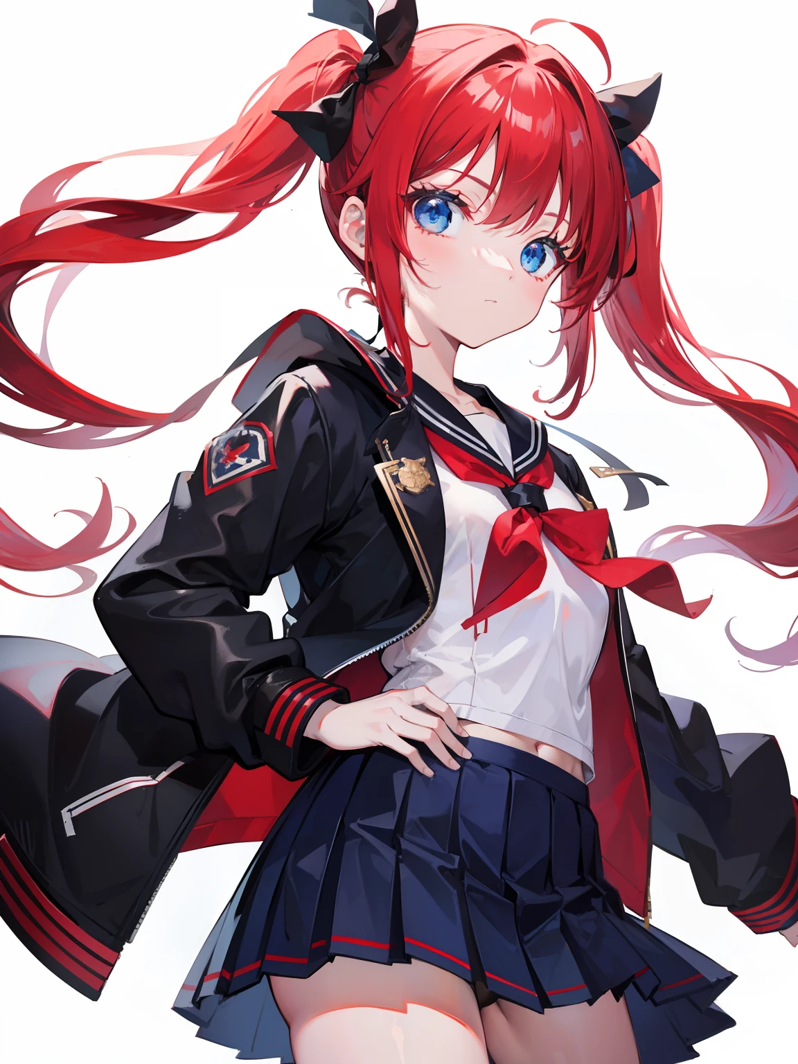 red hair, blue eyes, twintails, Sailor suit,black coat, Dragon horns,Pleated skirt,solo,loli,cute,bow