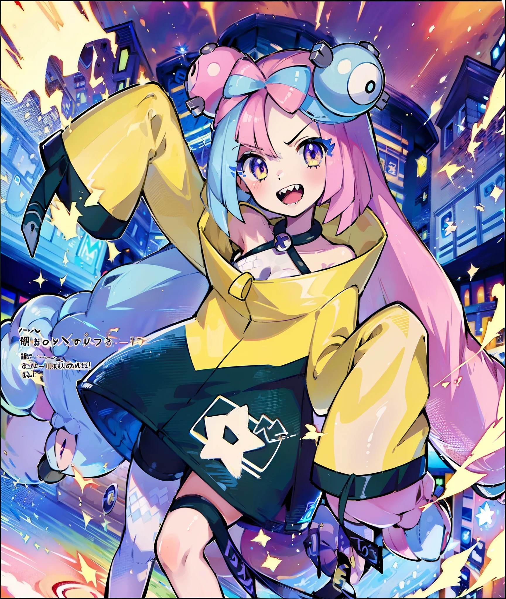 1girl in,A pokémon_The card,(top-quality), (high_quality), (Convoluted_Details), (ultra-detailliert), (illustratio), (Distinct_image),saito_naoki,city scenery、Rainbow View、With cats（（Cute cat１.５））