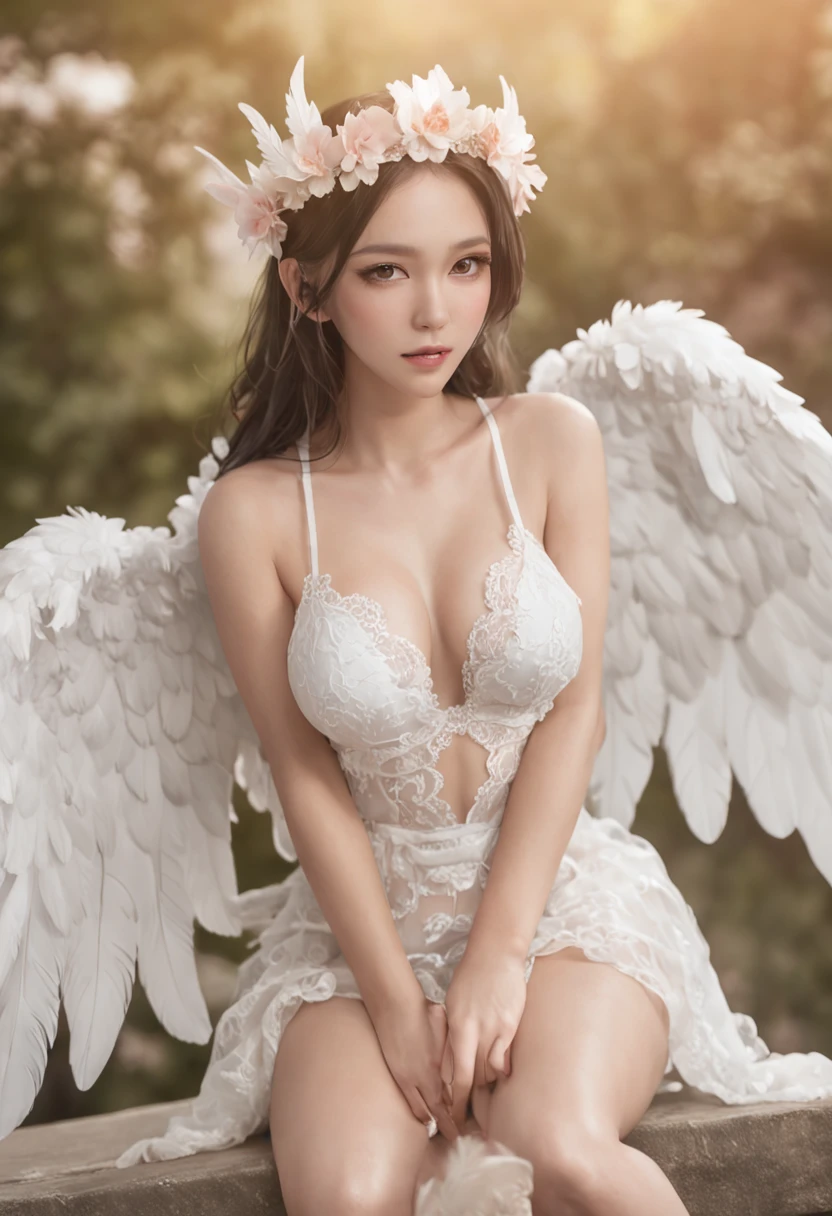 Wearing a flower crown on the head、Young and beautiful、Flying in the sky、Breasts are big and sexy、Alafed woman in white bikini with wings and necklace, angelic wings on her back, Beautiful Angel, full - body majestic angel, a beautiful female angel, anime goddess, of beautiful angel, guweiz, by Yang J, young wan angel, Angel Girl, of an beautiful angel girl, guweiz masterpiece, angel knight girl, Trending on CGSTATION、Attractive even from the feathers on the back、large plumage、