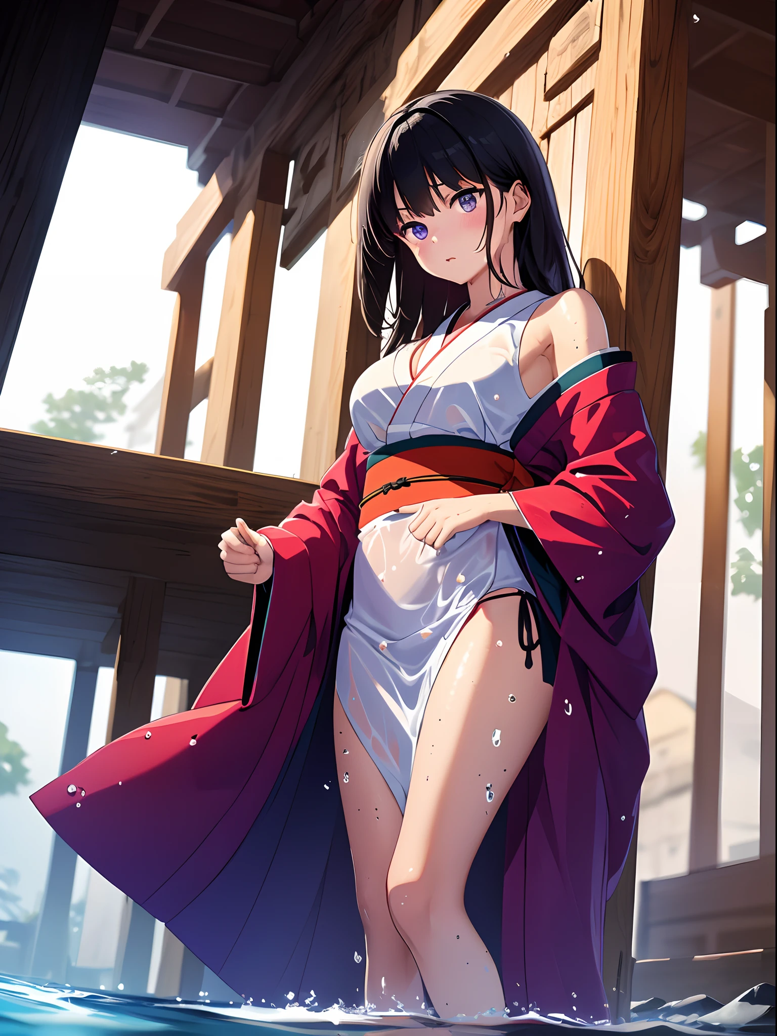 (R Solo:1.3)、(​masterpiece)、((best qualtiy))、((ultra-detailliert))、(a high chroma)、(CG Illustration)、highcontrast、low angles、red blush、(Licory Recoil:1.3)、((Wet white shoulderless kimono、Red Hakama))、White panties、、(Thick black tights)、(Purple anime-style eyes)、Delicate beautiful face、((teats)) 、(B cup breasts)、The best lighting、((turned around))、((Service at the shrine))、