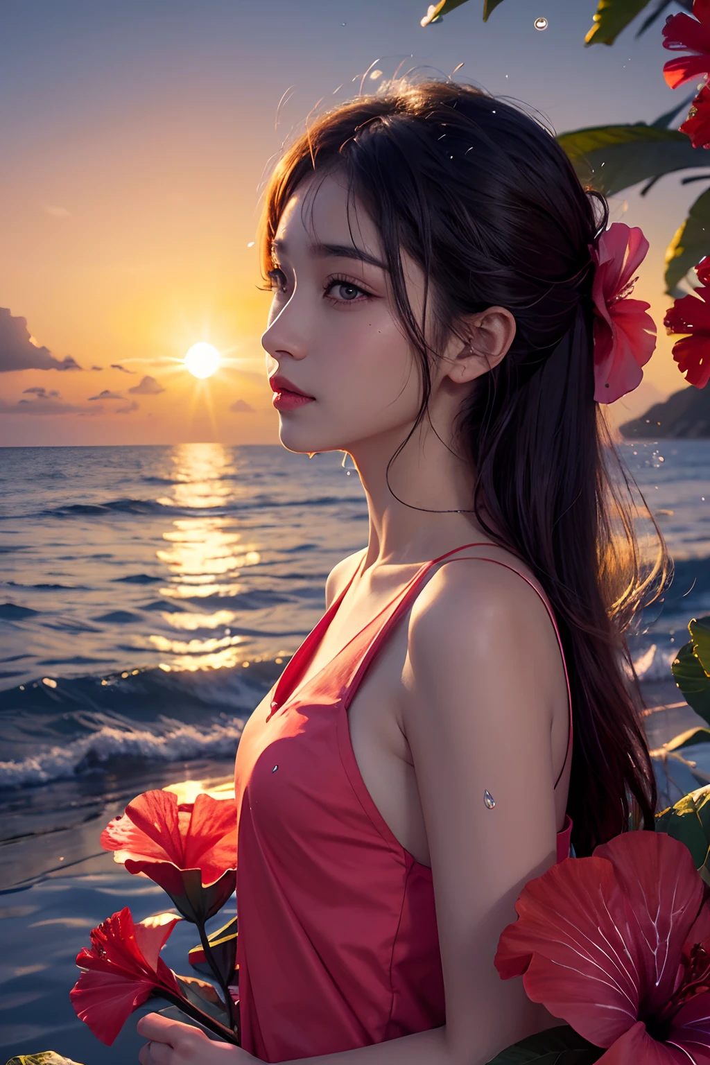hibiscus Moon with water drops,neon glow, random background, sun rise, bokha mood