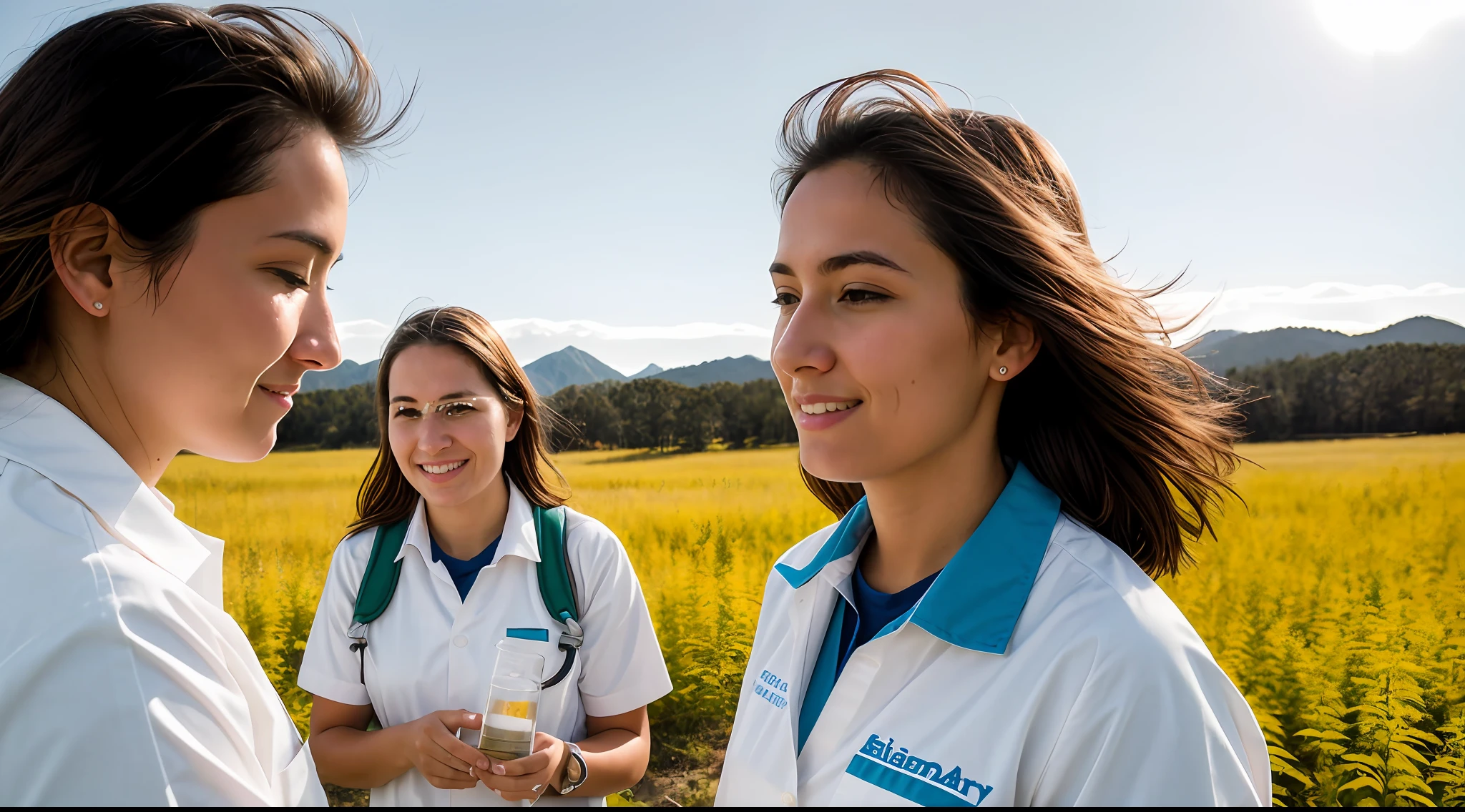 instagram photo, closeup face photo Women scientists in a field setting, collecting samples and analyzing data, dedicated, adventurous, Sony A7R III with 16-35mm f/2.8 lens, natural sunlight, environmental photography.