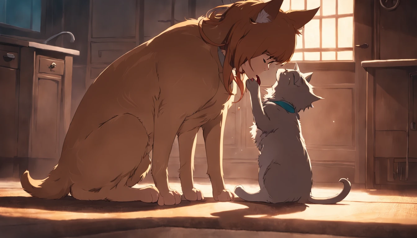 The cat lady and the dog mother fight,The cat lady stood up and patted the dog lady on the head with her paw