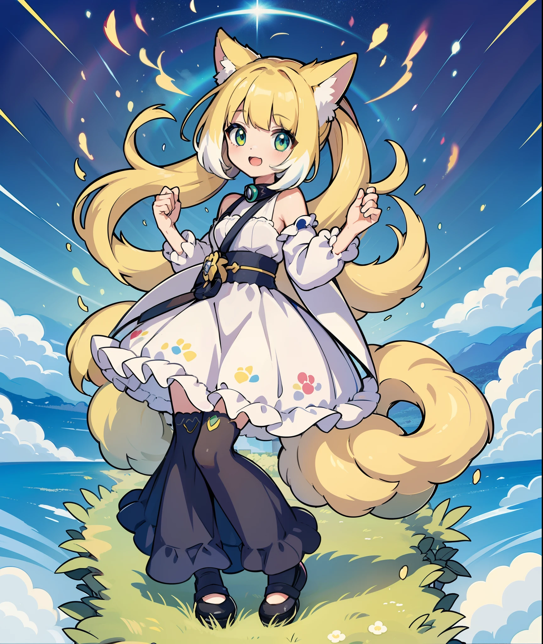 1girl in,A pokémon_The card,(top-quality), (high_quality), (Convoluted_Details), (ultra-detailliert), (illustratio), (Distinct_image),saito_naoki,city scenery、Rainbow View、With cats((Cute cat1.5))、((rainbow-colored hair))