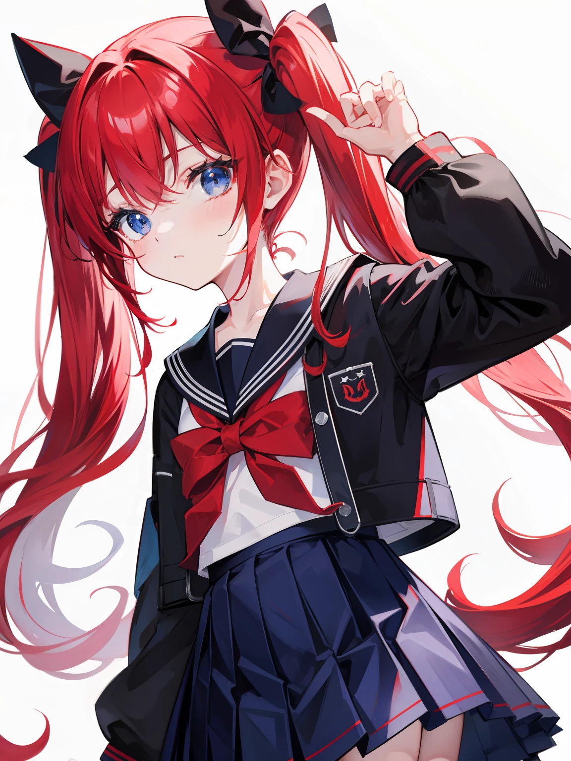 red hair, blue eyes, twintails, Sailor suit,black coat, Pleated skirt,solo,li,cute,bow