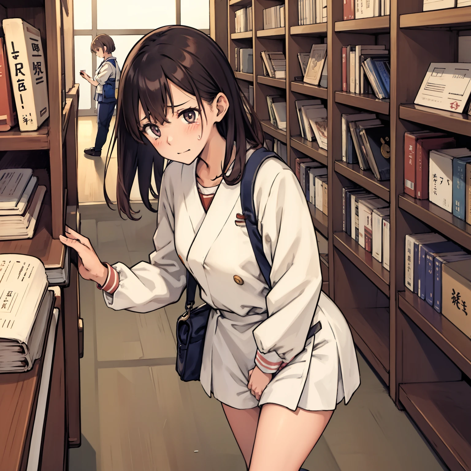 A tragic picture in a school library in Japan. The female student couldn't find the book to use for the report. She clung to the bookshelves, crying ho with regret.