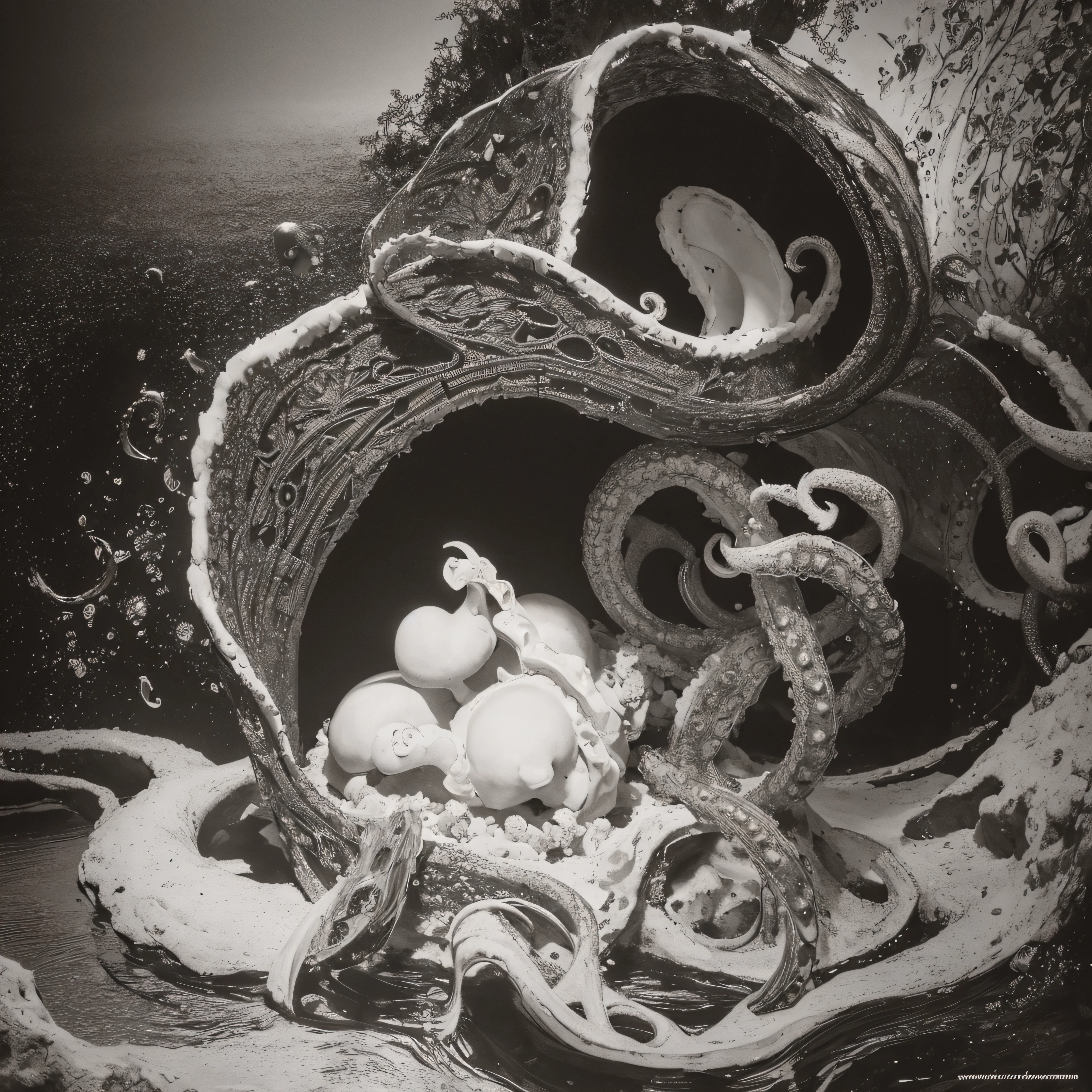 (extremadamente detallado, obra maestra, La mejor calidad, Under the Ocean), Estilo oscuro, volumetric illumination. armadura medieval, rostro con arrugas, lengua larga, tentacle, deforme, imagen submarina vista desde el exterior, pico de pulpo amenazante. manchas de tinta. Rococo composition. Luz de caravaggio