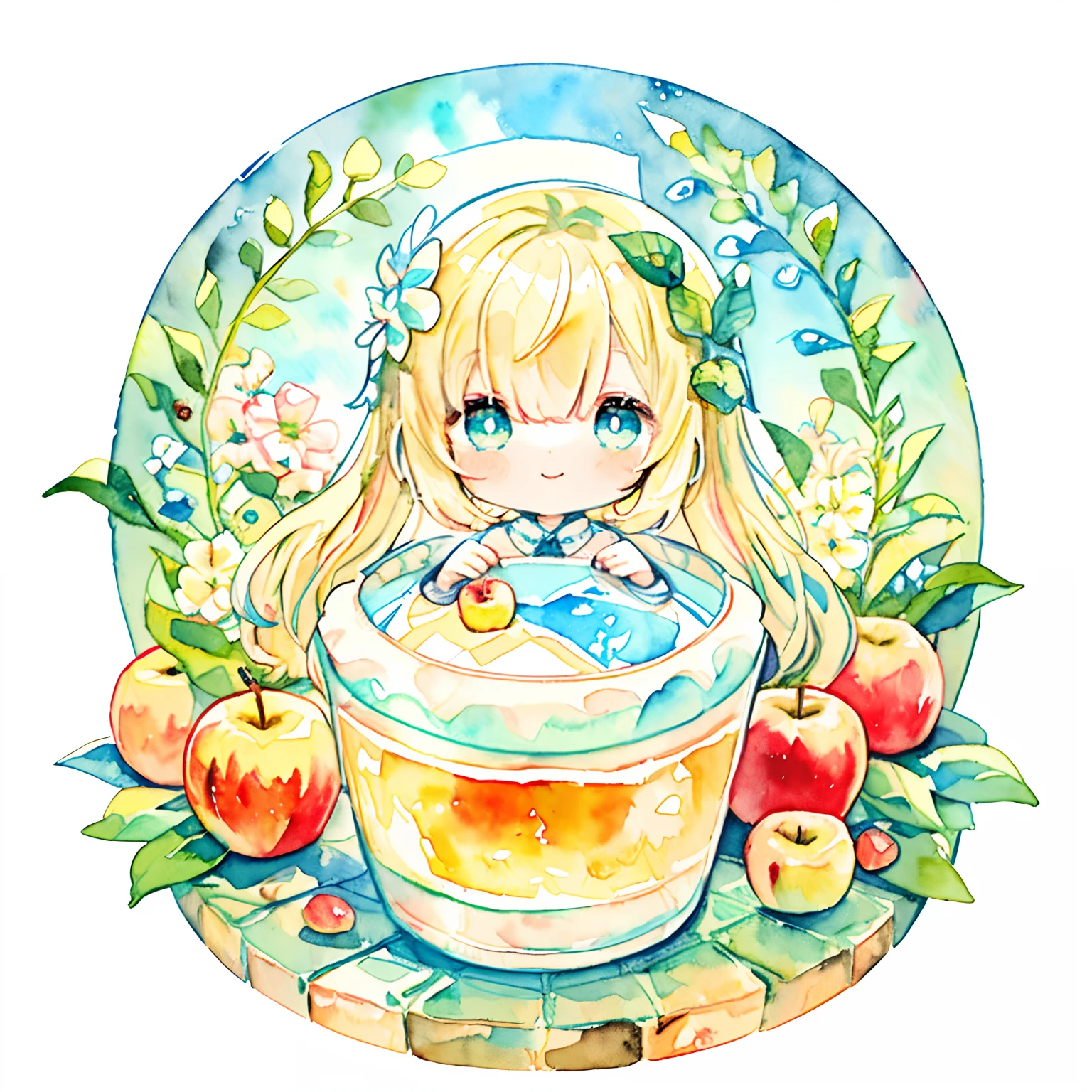 PastelColors:1.5)、(Cute illustration:1.5)、(watercolor paiting:1.2)、Light blue background、girl with、full body Esbian、A smile、Stranger、Pale yellow all over、Moya、marble、colourfull、jello、apple、Cutting apples、Uncut apples、blonde hair、blue eyess、apple pie、a little mint