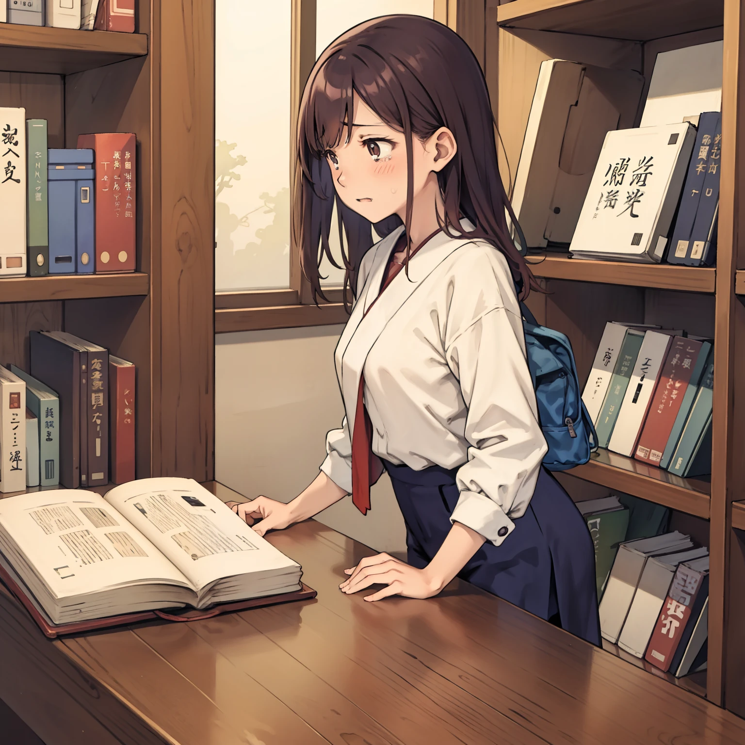 A tragic picture in a school library in Japan. The female student couldn't find the book to use for the report. She clung to the bookshelves, crying ho with regret.