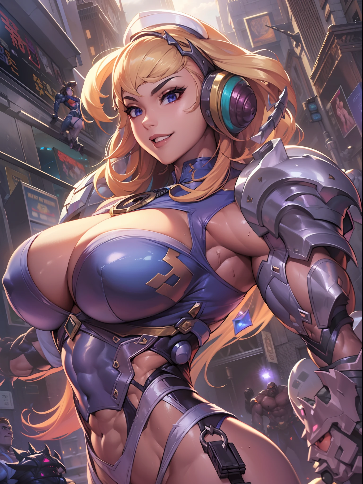 Transcendent beauty illustration、Female Officer、((Muscular beauty :1.5))、８K、(Super Giant Chest :1.5)、Muscle Murasaki Shikibu、street fighter,mechanical suit,alien hunter,Metal Body Armor,Space Detective,smile,slime,