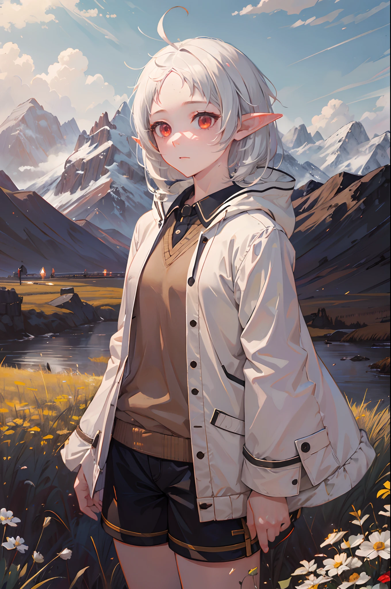 upper body, 1girl, sylphiette, ahoge, elf, forehead, red eyes, pointy ears, short hair, white hair, jacket, shirt shorts, white jacket, standing, outdoor, village, mountain, masterpiece, best quality, high detailed illustration, high detailed background, high-res