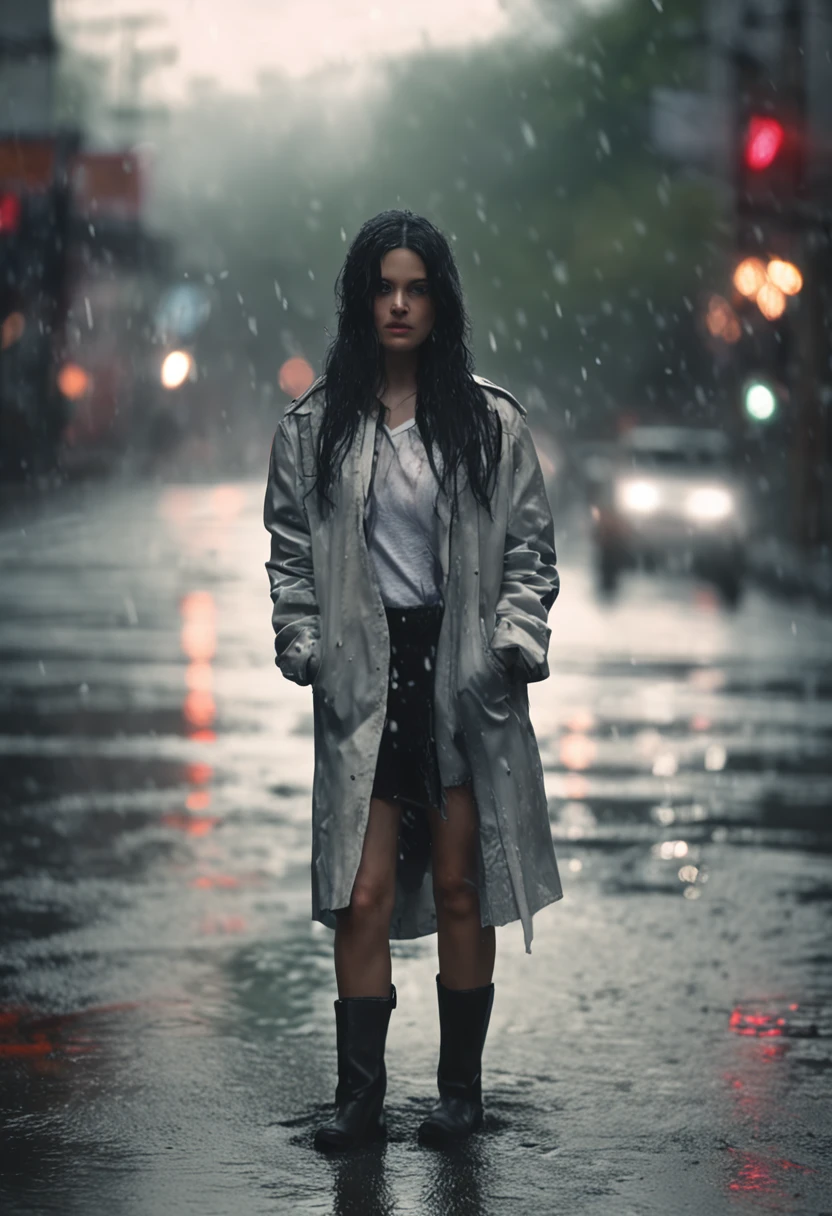 8K, masterpiece, best quality, ultra-detailed, photorealistic, realistic, Extremely detailed face, film lighting, cinematic lighting, ray tracking, illustration, disheveled hair, On a cloudy street, Fog and heavy rain, a girl with black hair and black eyes stood in the middle of the road and cried. She was wearing a black open jacket, a white shirt, a black short skirt, and a black garter belt, her clothes were soaked from the rain and exposed a black bra.,depth of field (Depth of field),cinematic frame,film lighting,