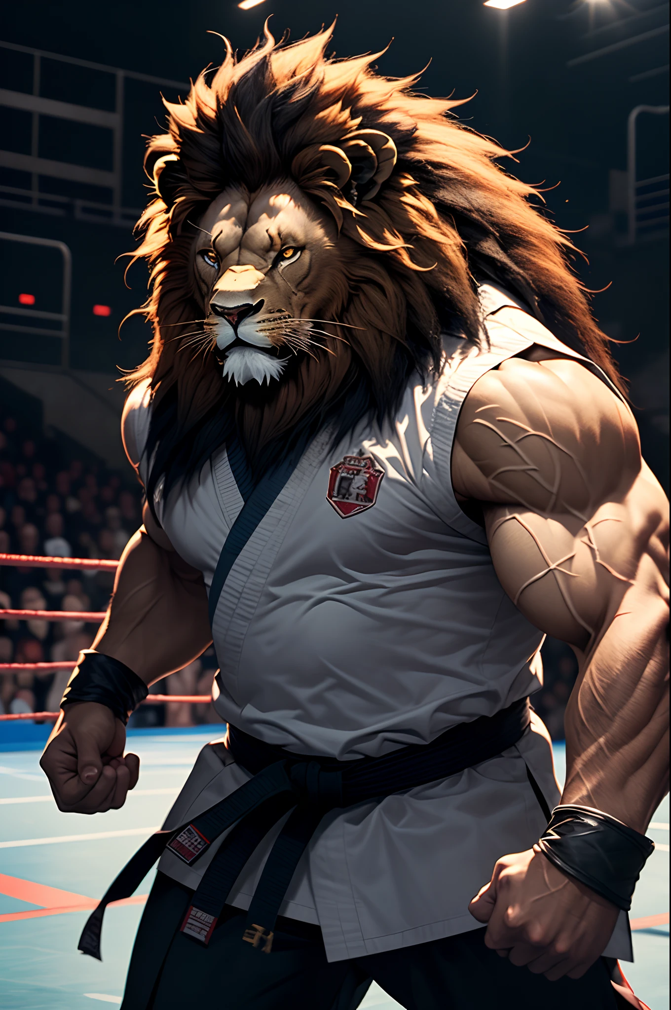 1boy, solo, muscular old man (furry lion) bleeding, blood on body, ((fighting arena)), huge muscular, short hair, wearing karate uniform, (cinematic light vfx background), dark background