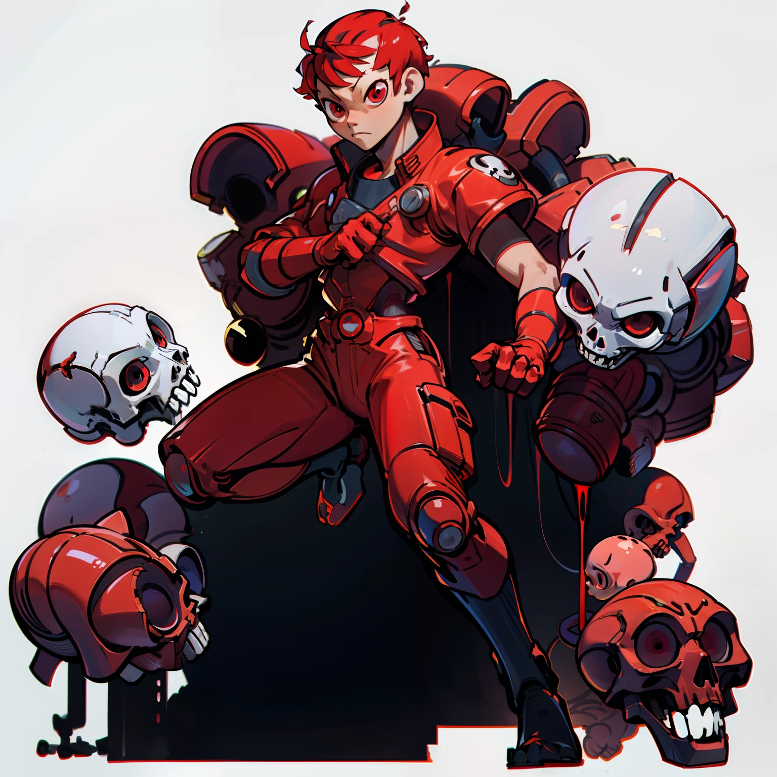masutepiece, Best Quality, Full body shot, No background, White background, Red Mercury, Man's, alien, Chibi, Short hair, Red Eyes, Machine Gloves, skull head