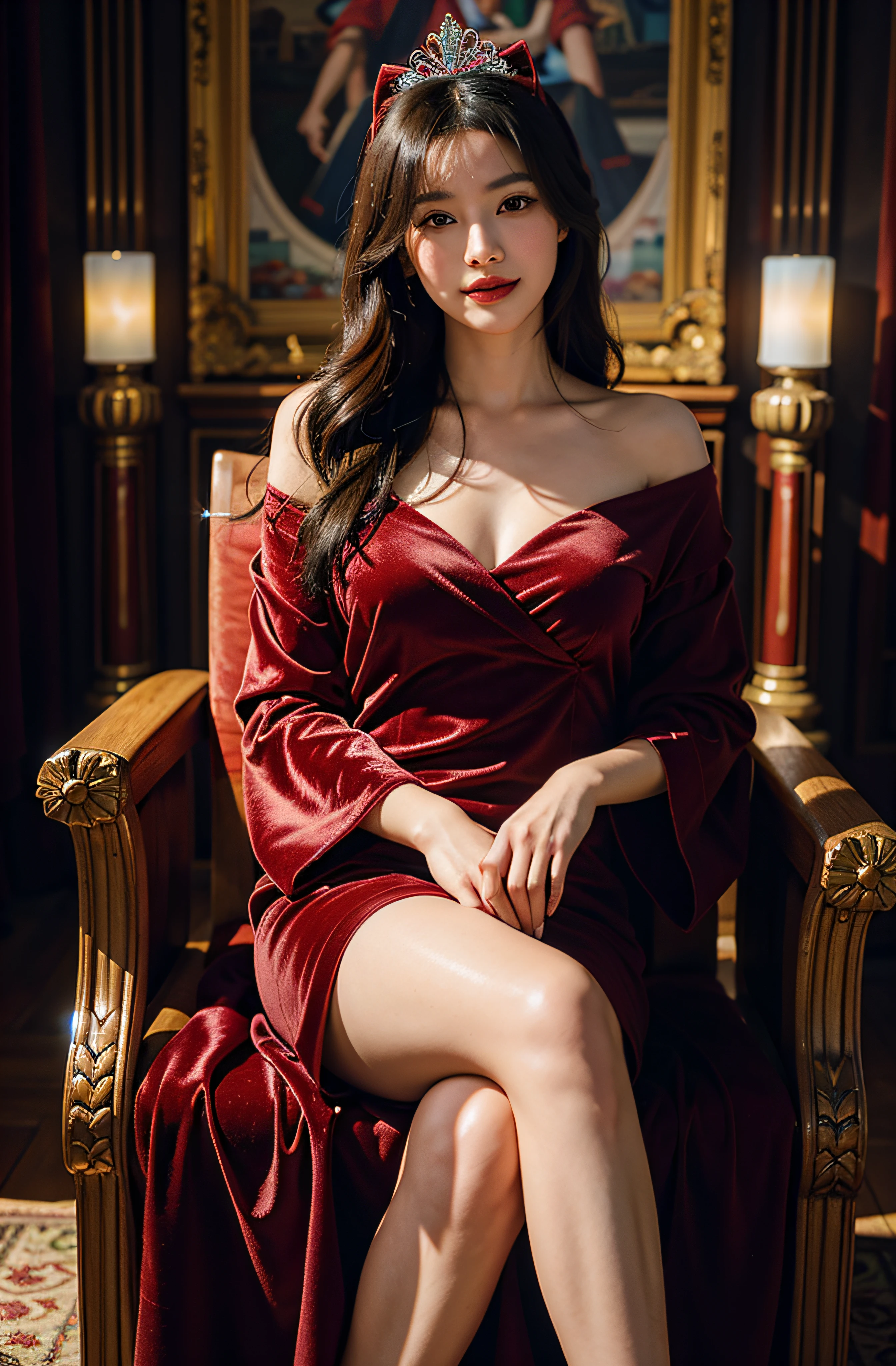 An Arapei woman in a red dress sits on a chair in the room, dressed in red velvet,Jirou legs, stunning elegant pose, beautiful Korean women, Wearing velvet, royal elegant pose, Red robe, Gorgeous young Korean woman, Lovely woman, elegant seducing pose, lovely queen, wearing a velvet robe, on her throne, gorgeous chinese models, in a red dress,black hair, hair bobbles, wince, longeyelashes, solid circle eyes, fake animal ears, light smile, ear blush, fang, Surrealism, drop shadow, stereogram, tachi-e, atmospheric perspective, ray tracing, sparkle, Surrealism, sparkle, 8k, super detail, ccurate, best quality, UHD, 8k, anatomically correct, textured skin, masterpiece, highres