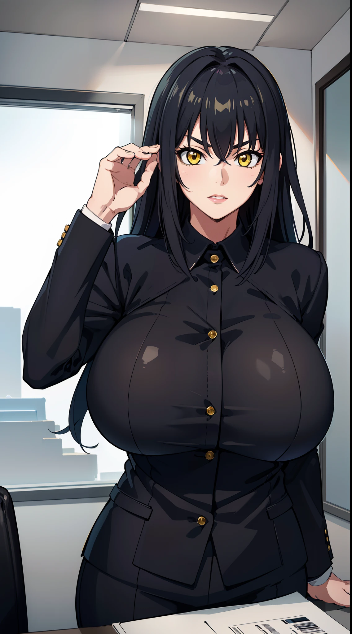 professional artwork, Intricate Details, field of view, sharp focus, detailed painting, photorealistic lighting, trending on pixiv,(masterpiece:1.0),(best_quality:1.0), ultra high res, ultra-detailed, photography, 8K, HDR, highres, absurdres:1.2, Kodak portra 400, film grain, sharp focus, bokeh:1.2, lens flare, (vibrant_color:1.2), (((indoors, office details))), Annerose, 1girl, female mature, black hair, long hair, (yellow eyes), (extremely gigantic breasts:1.4), ((formal office suit:1.4)), higheels, skin tight, hair intakes, (solo:1.4), (upper body, half body shot), seductive, (((seductive pose))),