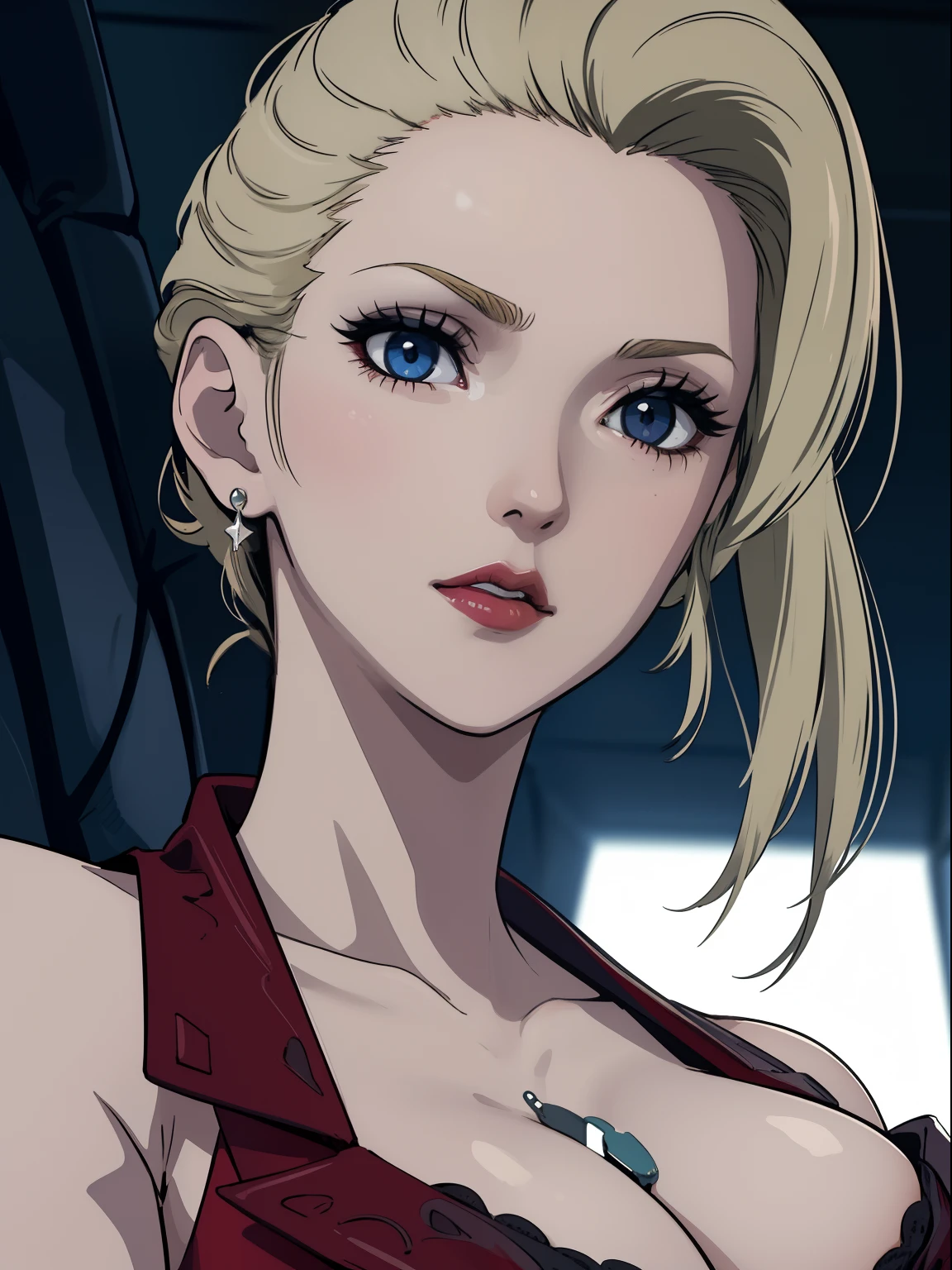 Best quality, masterpiece, ultra high res, 1girl, sexy, in the dark, deep shadow, low key, cold light, milf, dynamic light, cinematic lighting, cinematic lighting, down blouse, mature woman, middle parted hair, nsfw, natural breast, upper body, milf, nsfw, scarlet, final fantasy, blonde, face closeup, face detail, red lips detail, white background