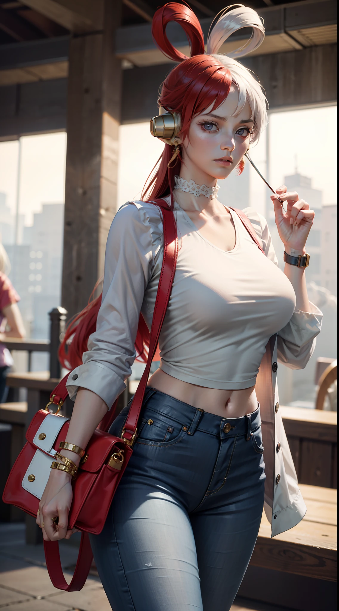 utta from anime one piece, long hair, red hair on left, white hair on right, wears head phone, bangs, wears mascara, perfect body, perfect boobs, beautiful woman, very beautiful, wears a white shirt, wears a red cardigan, pants red, wearing a handbag, wearing a watch, wearing earrings, being in a mall, Realism, masterpiece, textured leather, super detailed, high detailed, high quality, best quality, 1080P, HD, 16k