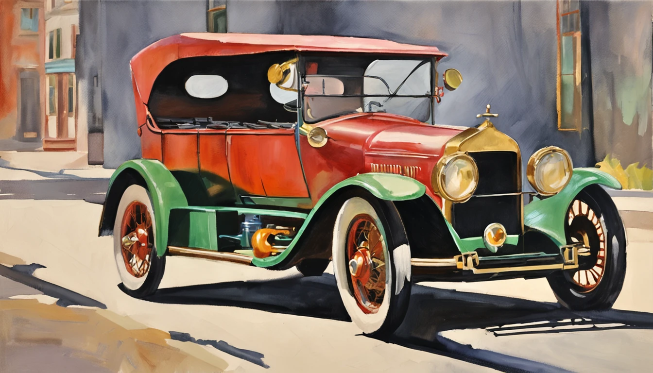 there is a cartoon old car retro futuristic parked on the side of the road, 1929, 1 9 2 8, vintage car, 1 9 3 1, 1 9 2 5, 1925, vintage cars, 1 9 3 0, 1930, 1 9 2 7, 1 9 2 4, 1924, a wide full shot. illustration. realist. 2d. mega man game style.