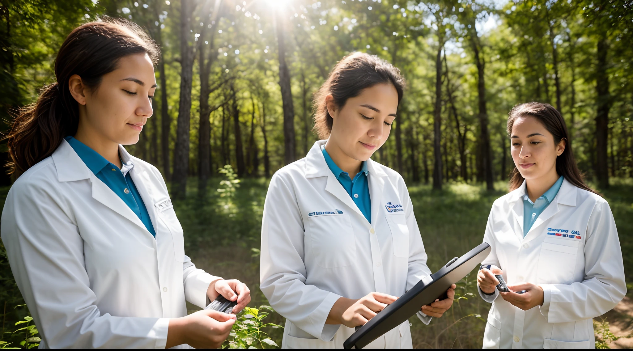 instagram photo, closeup face photo Women scientists in a field setting, collecting samples and analyzing data, dedicated, adventurous, Sony A7R III with 16-35mm f/2.8 lens, natural sunlight, environmental photography.