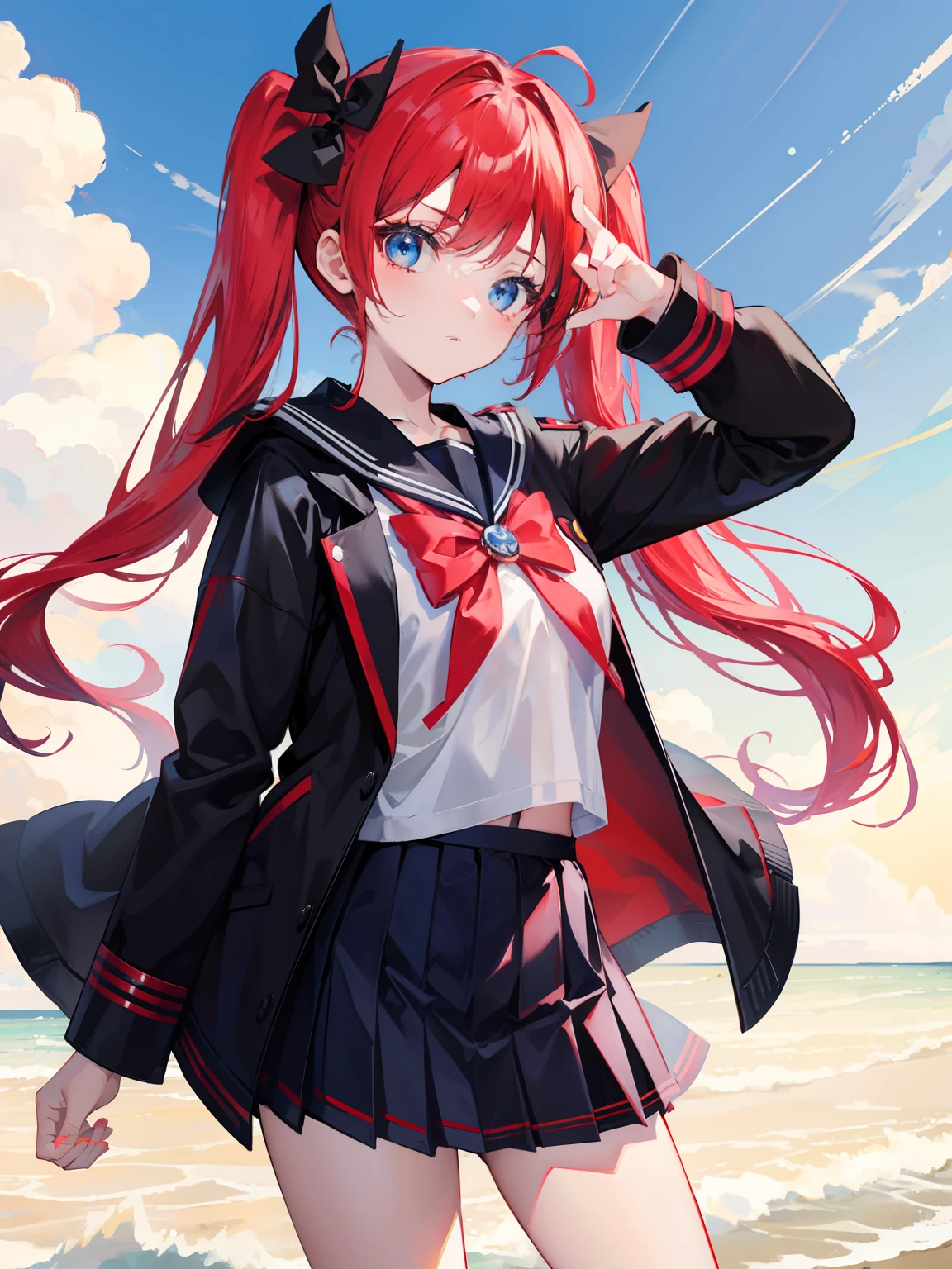 red hair, blue eyes, twintails, Sailor suit,black coat, Pleated skirt,solo,loli,cute,bow