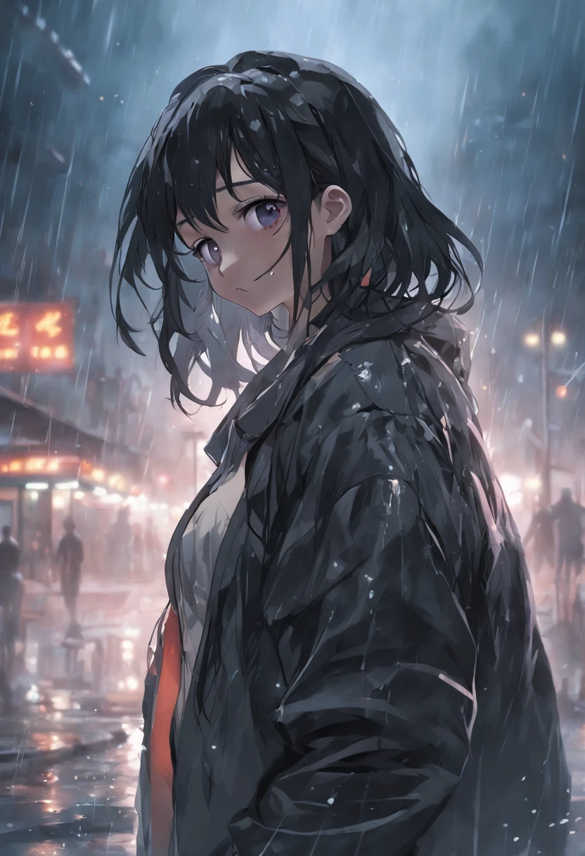 8K, masterpiece, best quality, ultra-detailed, photorealistic, realistic, Extremely detailed face, film lighting, cinematic lighting, ray tracking, illustration, disheveled hair, On a cloudy street, Fog and heavy rain, a girl with black hair and black eyes stood in the middle of the road and cried. She was wearing a black open jacket, a white shirt, a black short skirt, and a black garter belt, her clothes were soaked from the rain and exposed a black bra.,depth of field (Depth of field),cinematic frame,film lighting,