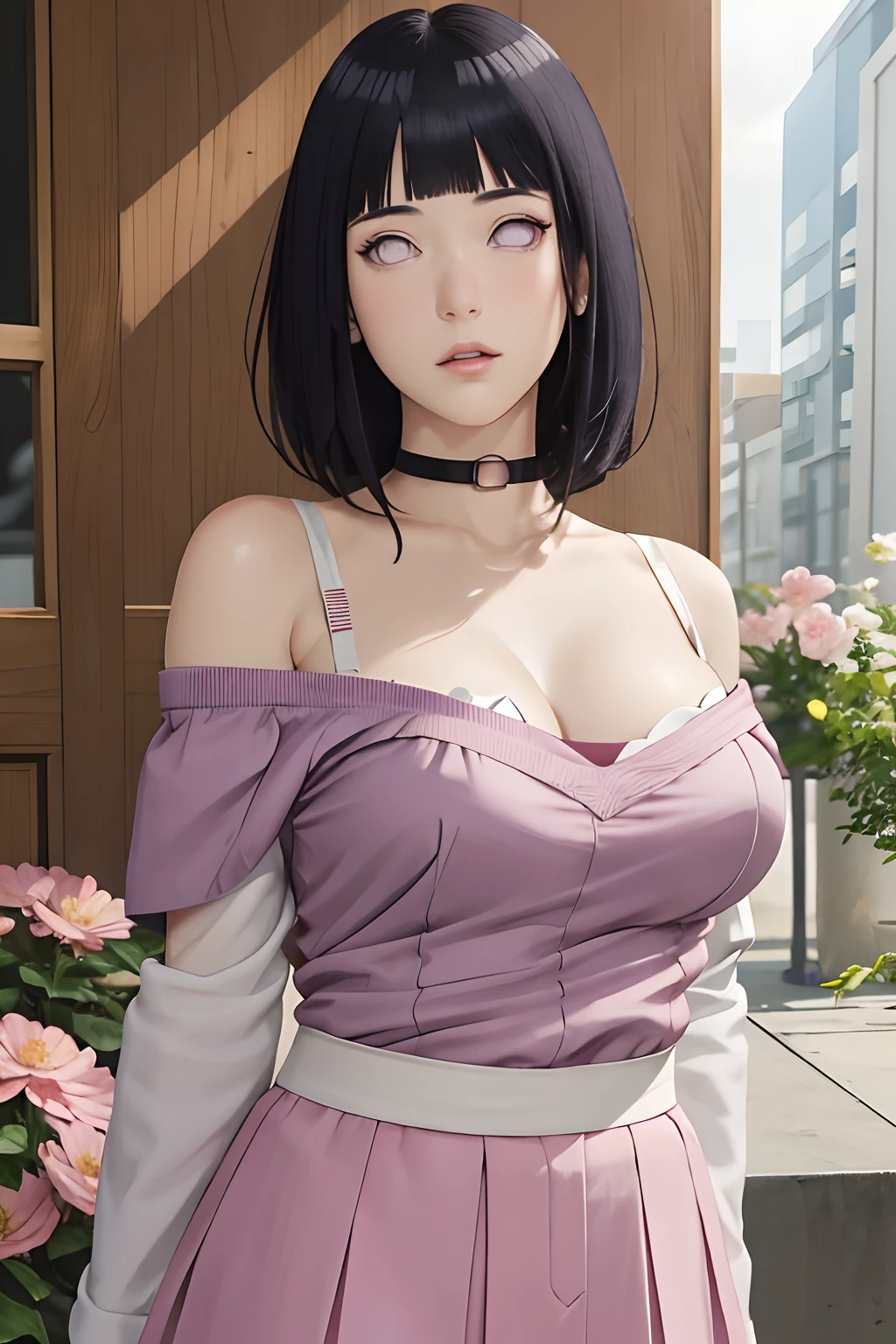 masterpiece, absurdres, hinata\(boruto\), 1girl, solo,mature female, off-shoulder, bra strap, high waist short skirt, looking at viewer, (falling petals), perfect composition, detailed lips, big breast, beautiful face, body propotion, blush, (pink lips), long hair,  purple eyes,  soft gaze,  super realistic, detailed, photoshoot, realistic face and body,