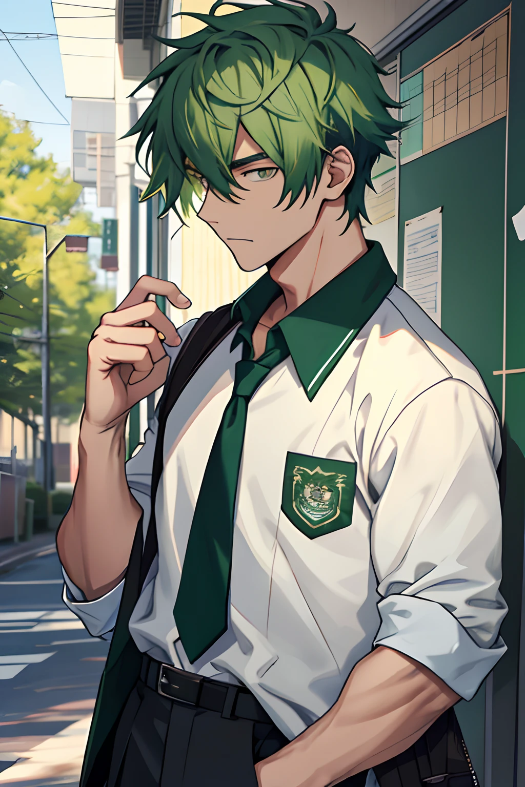 Day man,high school senior,Green hair,gentleness,in school uniform