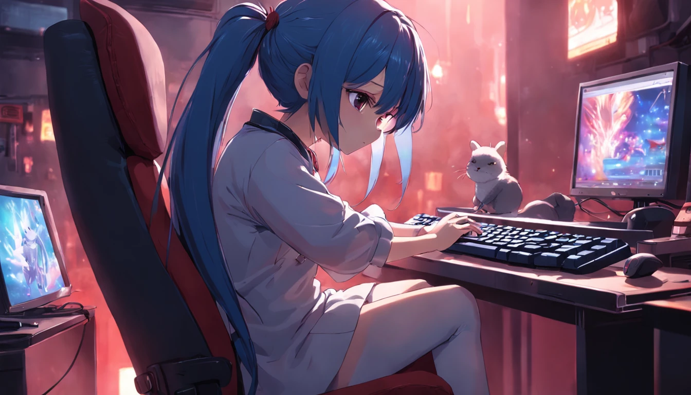 A chinchilla,sit on chair,One hand keyboard,Mouse with the other hand,Looking at the PC