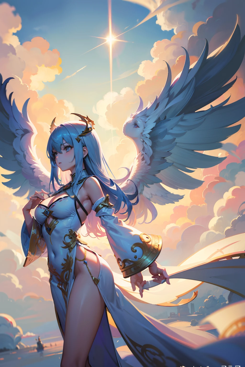 4K,High resolution,one woman,harpy,light blue hair,long ponytail,big breasts,white wings,golden toenails,goddess,dignitary，Valkyrie,白色のgoddessのドレス,winged hat,Jewelry Decoration,Temple in the Sky,night background