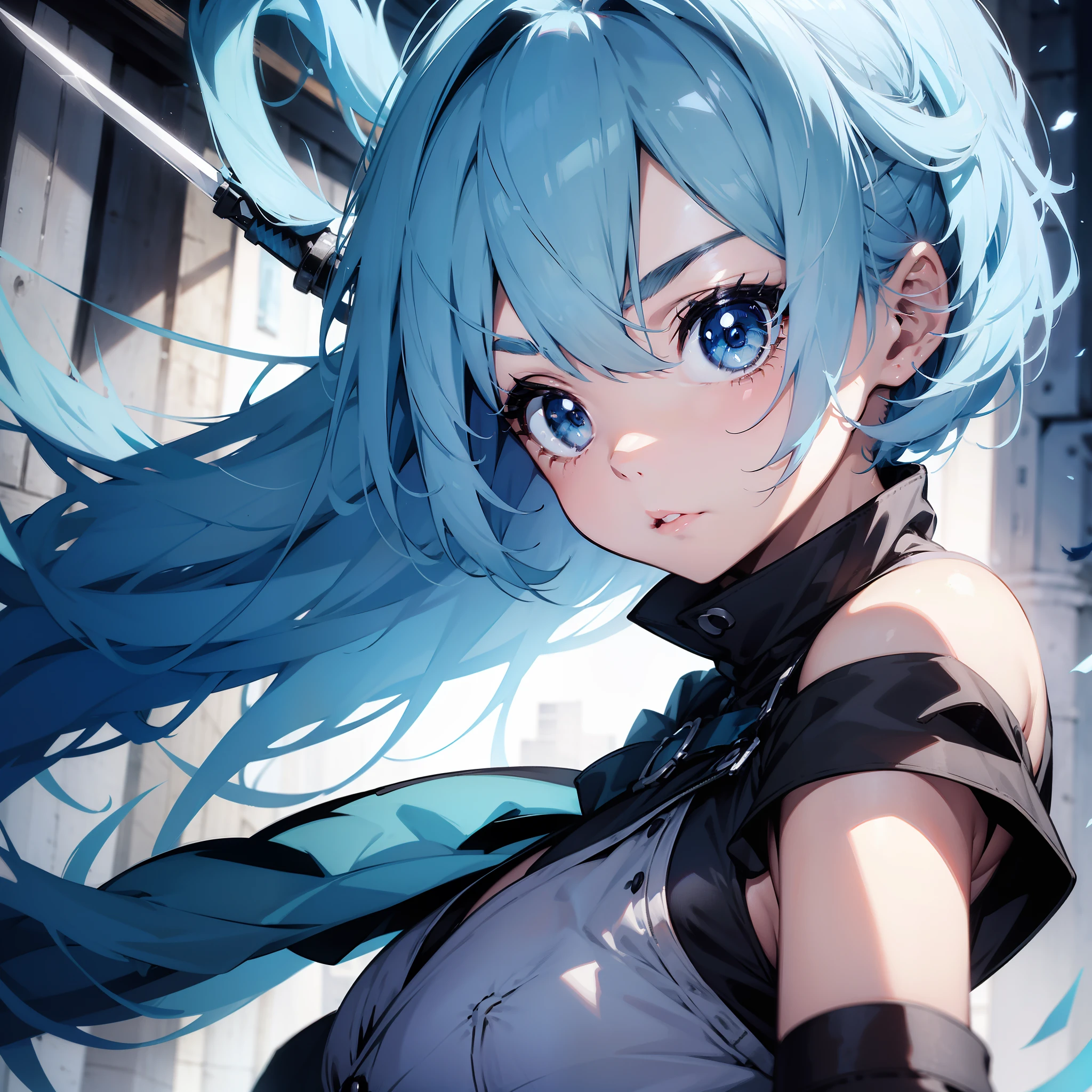 Best Quality,High resolution,8k,(plain white background, no patterns, no textures, just a plain white background:1.3),Masterpiece:1.2),beautiful girl,(focus face),Shiny light blue hair,messy hair,Beautiful light blue eyes,A girl with a cute face, dressed in a glossy, high-shine outfit that highlights the concept of "absolute territory" (zettai ryouiki). She wears a mini skirt and knee-high socks with a sleek, reflective finish. Her top has a smooth, shiny surface, adding to the overall shine. Her eyes are glossy, and her accessories, such as earrings and a necklace, also have a glossy appearance. The background is pure white, emphasizing the shiny, polished look of her entire outfit and features,Gentle look,A refreshing look,smile,Best quality,Best Quality,Aesthetic and aesthetic:1.2,Best details((Super detailed))(High-definition CG illustrations),Slender body