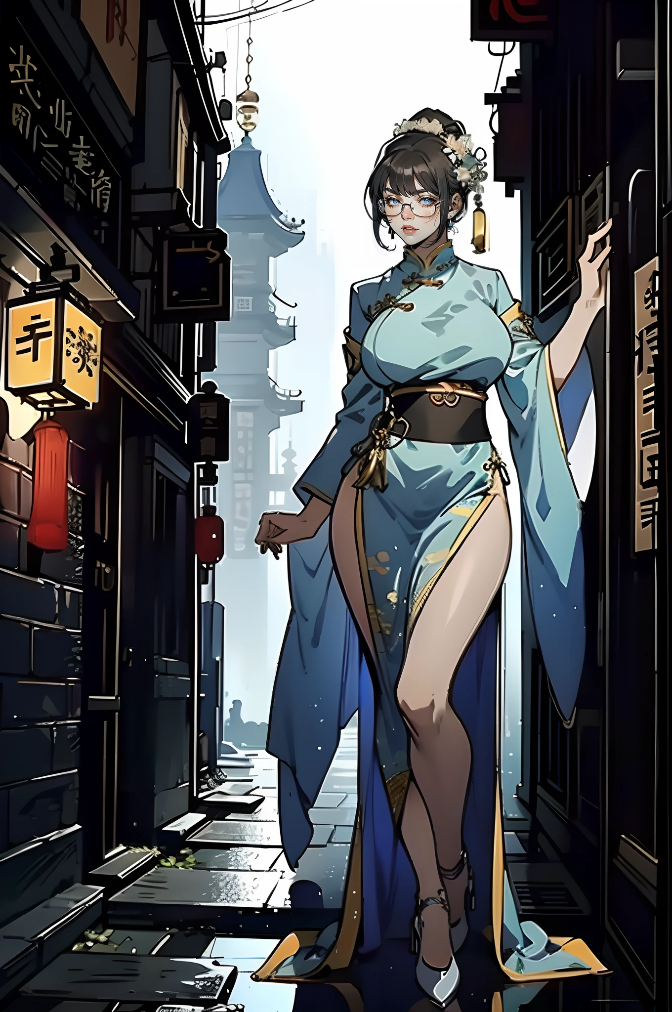 Doctor close-up, Has a glowing five-star rating, Their names, Photo, and the city in the background.，Large bust，rimless eyewears，Slim figure，Cute girl，Full body like，Hanfu，komono，Ancient Chinese streets，Dirty dark streets，