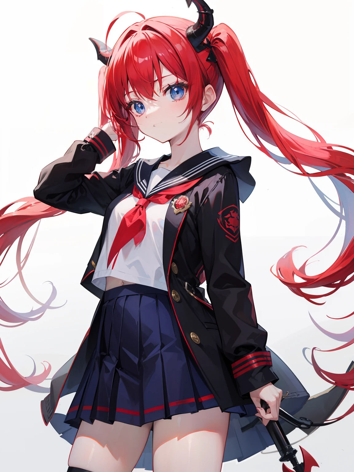red hair, blue eyes, twintails, Sailor suit,black coat, Pleated skirt,solo,loli,cute,bow,Dragon horns