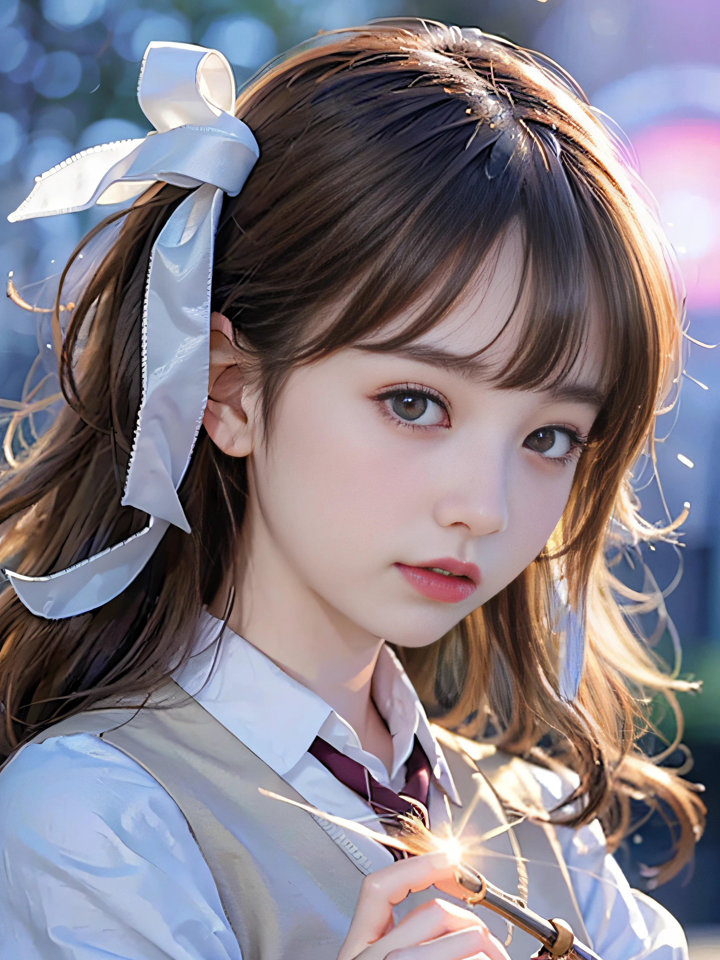 top-quality、​masterpiece、超A high resolution、(Photorealsitic:1.4)、Raw photo、Detailed CG image quality、cyberpunked、Beautiful fece、(1 Magical Girl)、sixteen years old, (Twin-tailed black hair:1.4), (White ribbon stopping hair), (Platinum Silver Accessories:1.4)、(White School Uniform:1.4)、(big breasts thin waist)、(Purple eyes:1.3), (radiant eyes), (Mystical powers:1.2), (Holding a white wizard wand:1.4), (A pale and fierce ball of light emanating from the wand:1.4). detailed portrait、8K picture quality、bright colour、concept-art、Cinematic and dramatic atmosphere、foco nítido、Volumetric lighting、Cinematographic lighting、Wearing studio quality、(Neon lighting)、depth of fields、Ambient lighting、Blurred foreground、blurry backround:1.3、(Blue summer sky:1.4), (Midsummer sunshine:1.4),