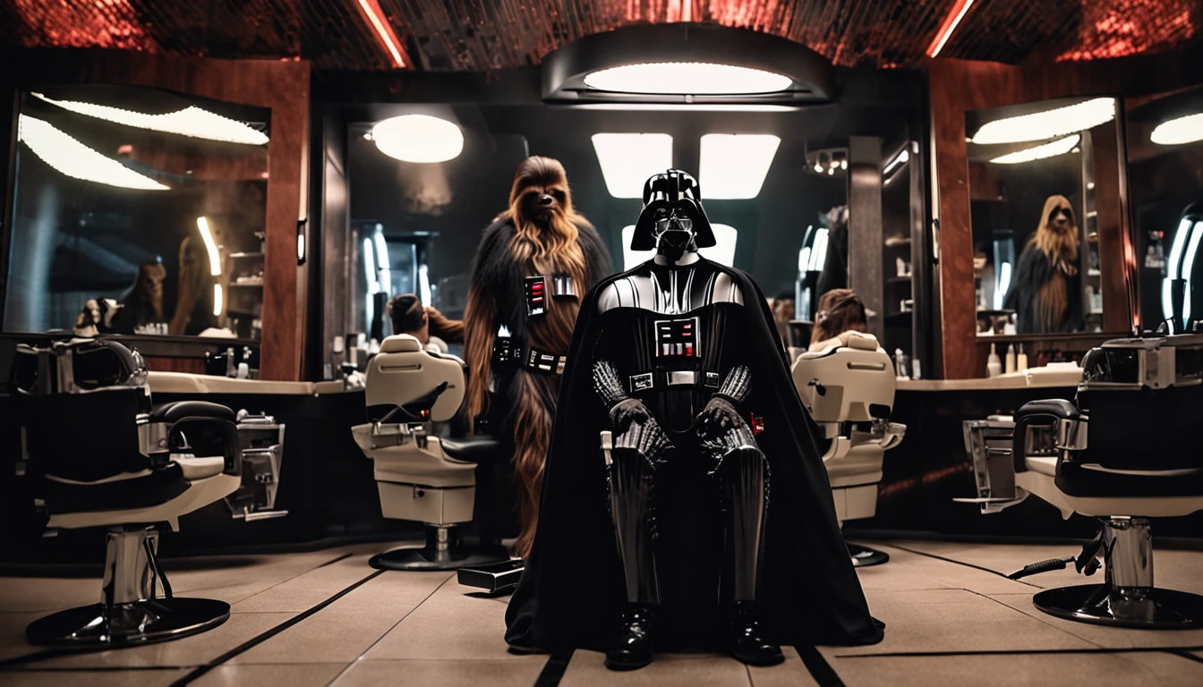 "(Darth Vader cutting Chewbacca's hair at a hair salon) With incredible detail, qualidade excepcional, unique atmosphere, lighting dramatic, Sombras realistas, striking expressions, Atmosfera futurista, dramatic contrasts, Efeitos especiais impressionantes, atmosphere of mystery and immersive realism."
