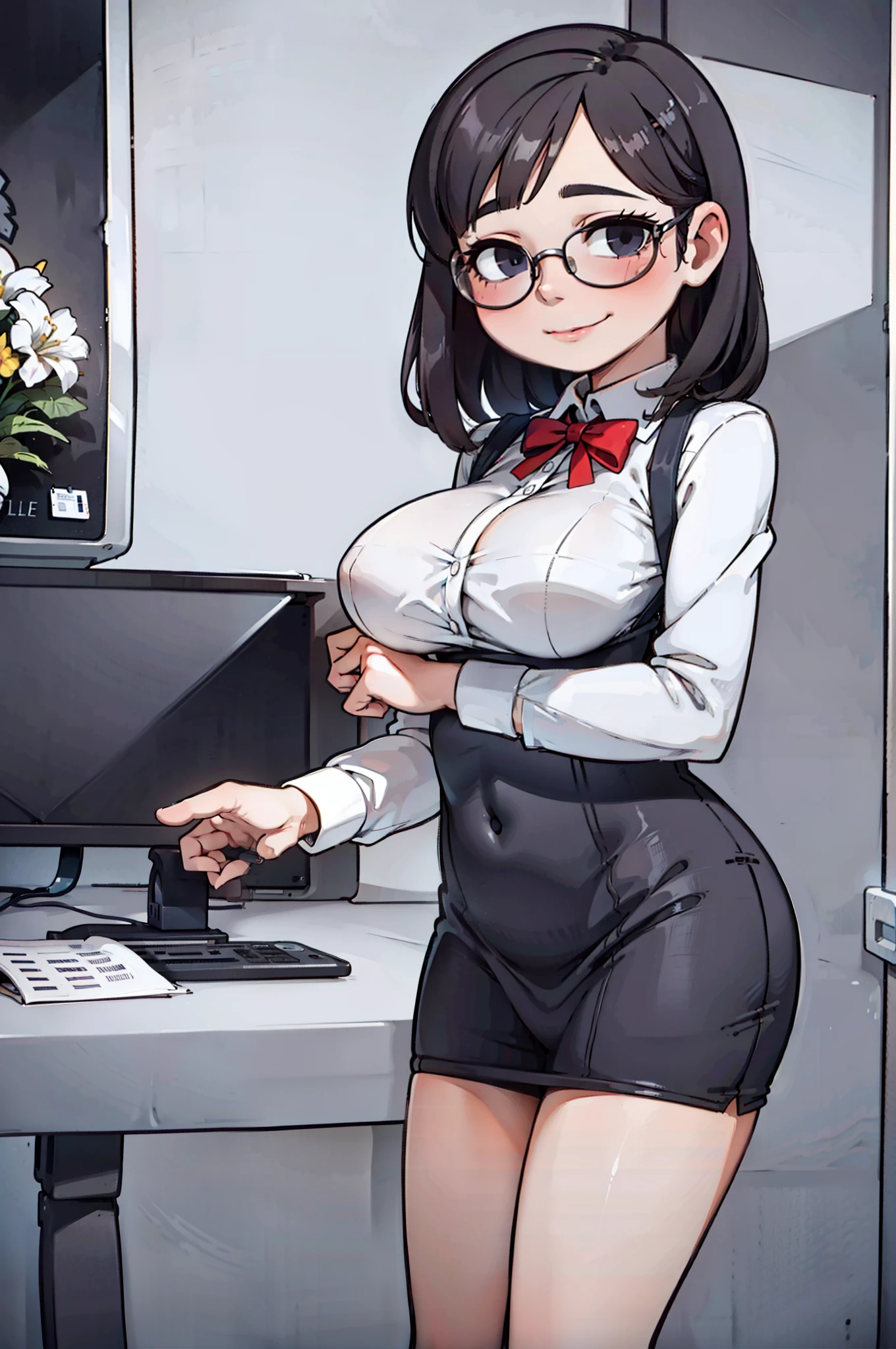 Many beautiful young women,Fashionab, Modern workspaces exude confidence and intelligence,Next to it are complex financial charts on the wall, You can feel her analytical thinking at work, Directly in the camera gaze, A slight smil, full bodyesbian, Top model measurements, Office dress code, Wearing glasses, Cute face, Still very professional, author:Alejandro Bourdicio,Women's suits,Sit in an office chair,Large breasts,