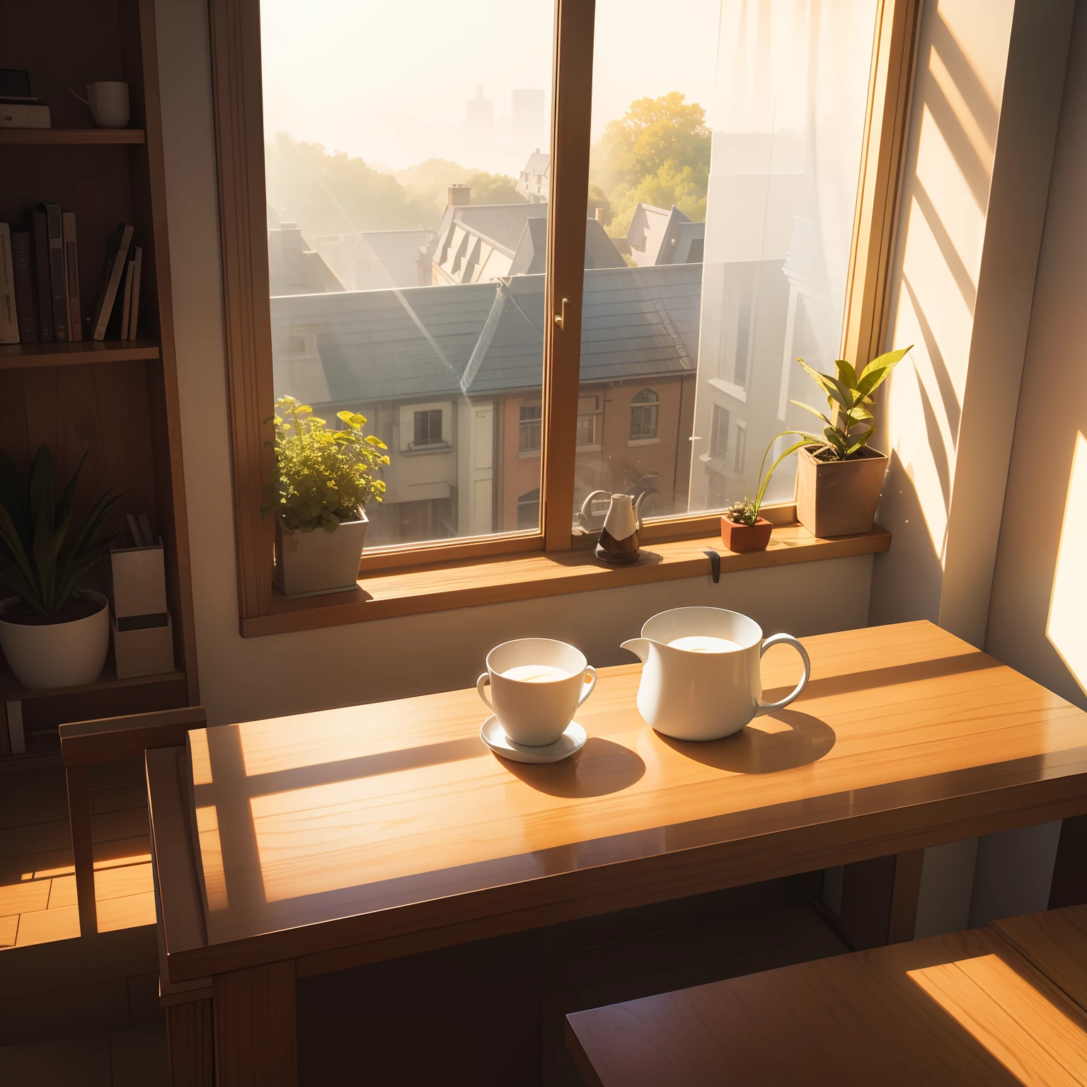 Table by the windowsill, There are cups on the table, The sun shines on the table,The overall picture is clean and tidy, Top-down view, Verism, god light, Fuji colors, Ray tracing, Cinematic lighting, hyper HD, Masterpiece, Super detail, High quality, High details, Best quality, 4K