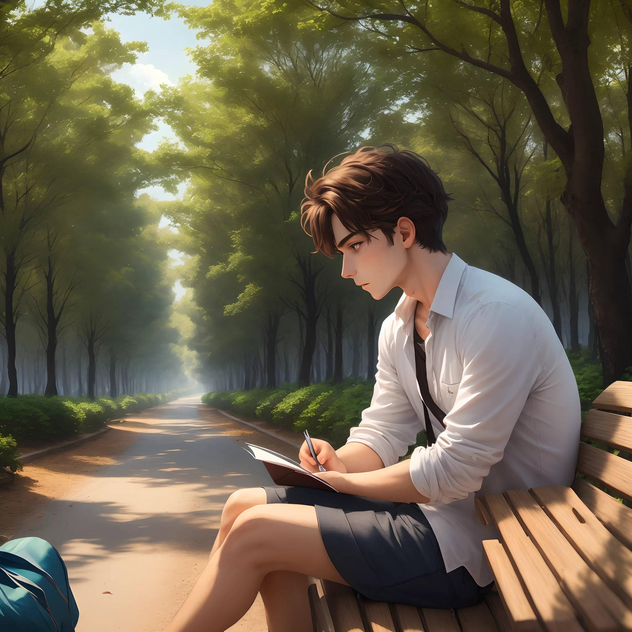 Claro, Here is the description of the scene:
In the scenery, A person is sitting on a bench in a quiet park, surrounded by tall trees and leaves that sway gently in the wind. His gaze is lost on the horizon, with eyes carrying a mixture of sadness and exhaustion. Worry lines mark your forehead, and his shoulders are hunched, como se carregasse um fardo pesado.
The person holds a crumpled piece of paper in one hand, a sign that perhaps you have written down your thoughts and anxieties. Seus dedos tocam suavemente a caneta que descansa ao lado do papel, enquanto ela parece estar imersa em uma luta interna.
Despite the desolation that hangs over her, pequenos raios de sol conseguem romper as nuvens, iluminando sutilmente a cena. Birds sing in the background, lembrando-a da vida que continua ao seu redor, apesar das dificuldades.
It is an image of deep contemplation and decisive moment, where the person is on the verge of giving up, But it also demonstrates the possibility of finding the strength to move forward, even in the face of trials.