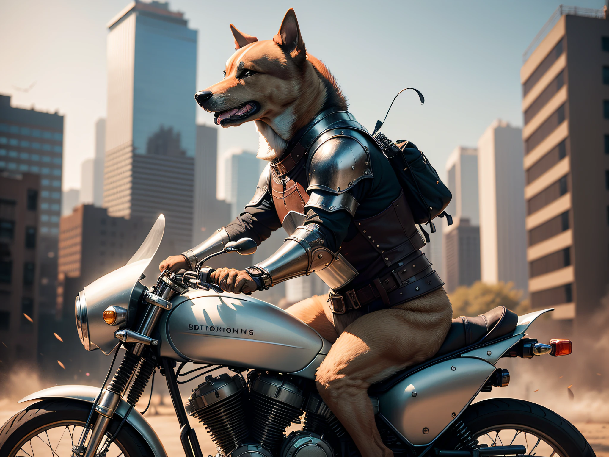 Ultra Realistic Photo, 8K, clear photo,((A dog riding a motorcycle in battle armor)),Very strong,The background is the city of the future,The atmosphere is magnificent,HD graphics,The picture is complete,full bodyesbian,In steampunk style