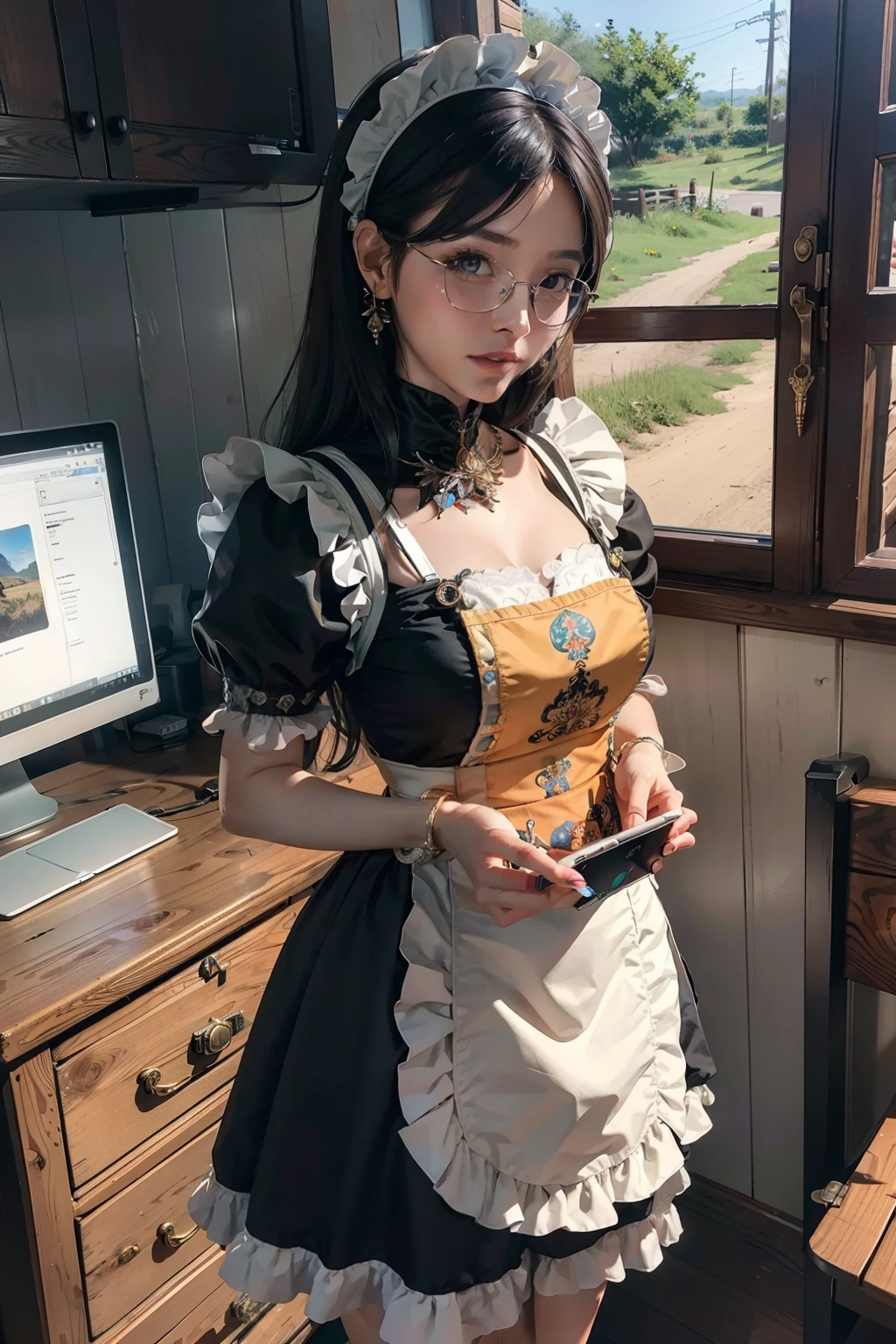 A fusion of rural fantasy and modern technology, Highly detailed, art  stations, Colorful, interesting background，the maid outfit，Flame it up，a matural female，rimless eyewears，stand posture