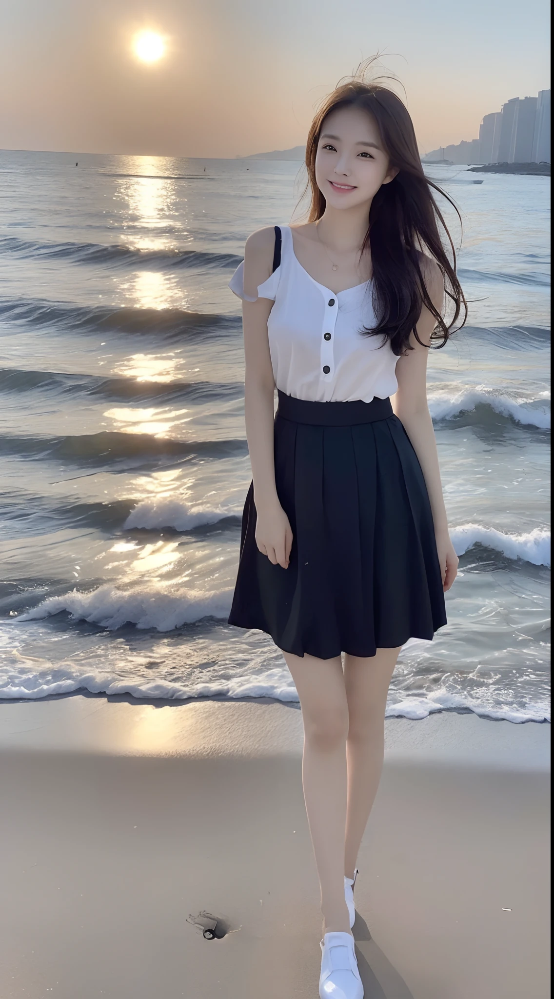 (1 Korean star with royal sister style), ((Best quality, 8K, 巨作: 1.3)), focal point: 1.2, Perfect body proportions: 1.4, (Make a smile), (Sunset: 1.3),  Watery eyes, Highly Detailed Face and Skin Textur, Fine eyes, Double eyelids, Whitens the skin, (long whitr hair, Air bangs: 1.3), (Round face inches: 1.5), (Hip skirt 1.4), （Sketch 1:2，） Stand on the beach，baiyun，suns，The scenery is exceptionally beautiful），Third Person View。